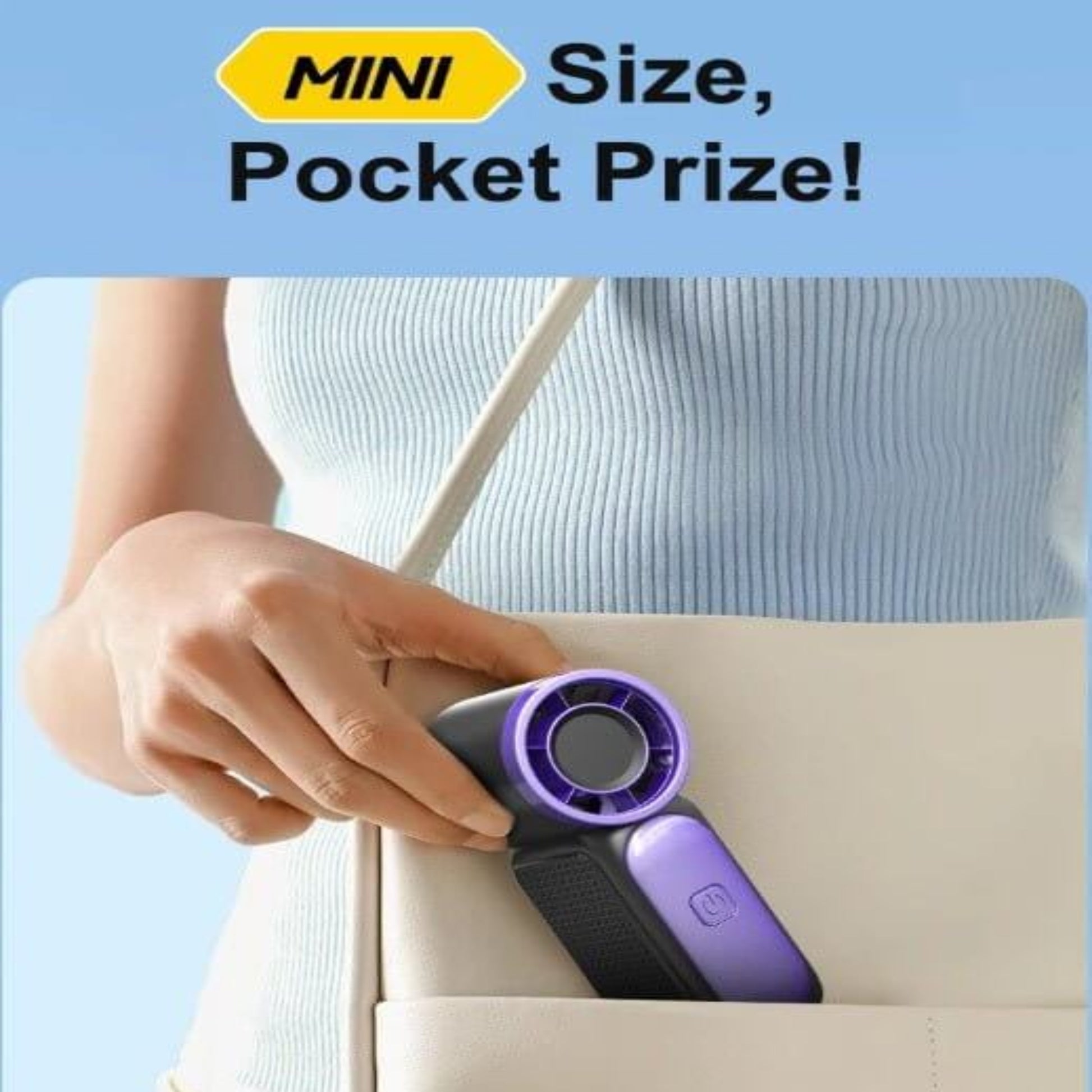 Mini handheld fan fits in any pocket, perfect for staying cool on the go.