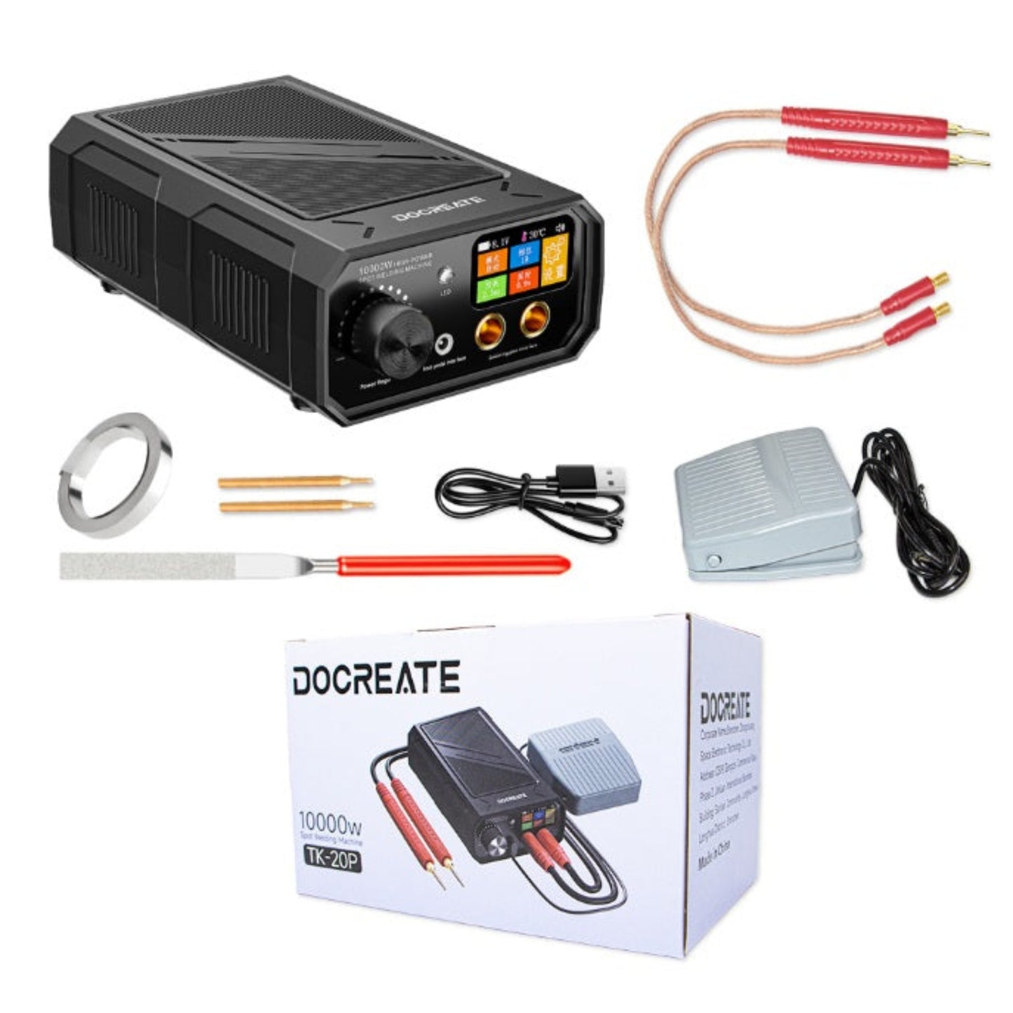 Full kit includes TK-20P unit, welding pens, foot pedal, and nickel sheet.