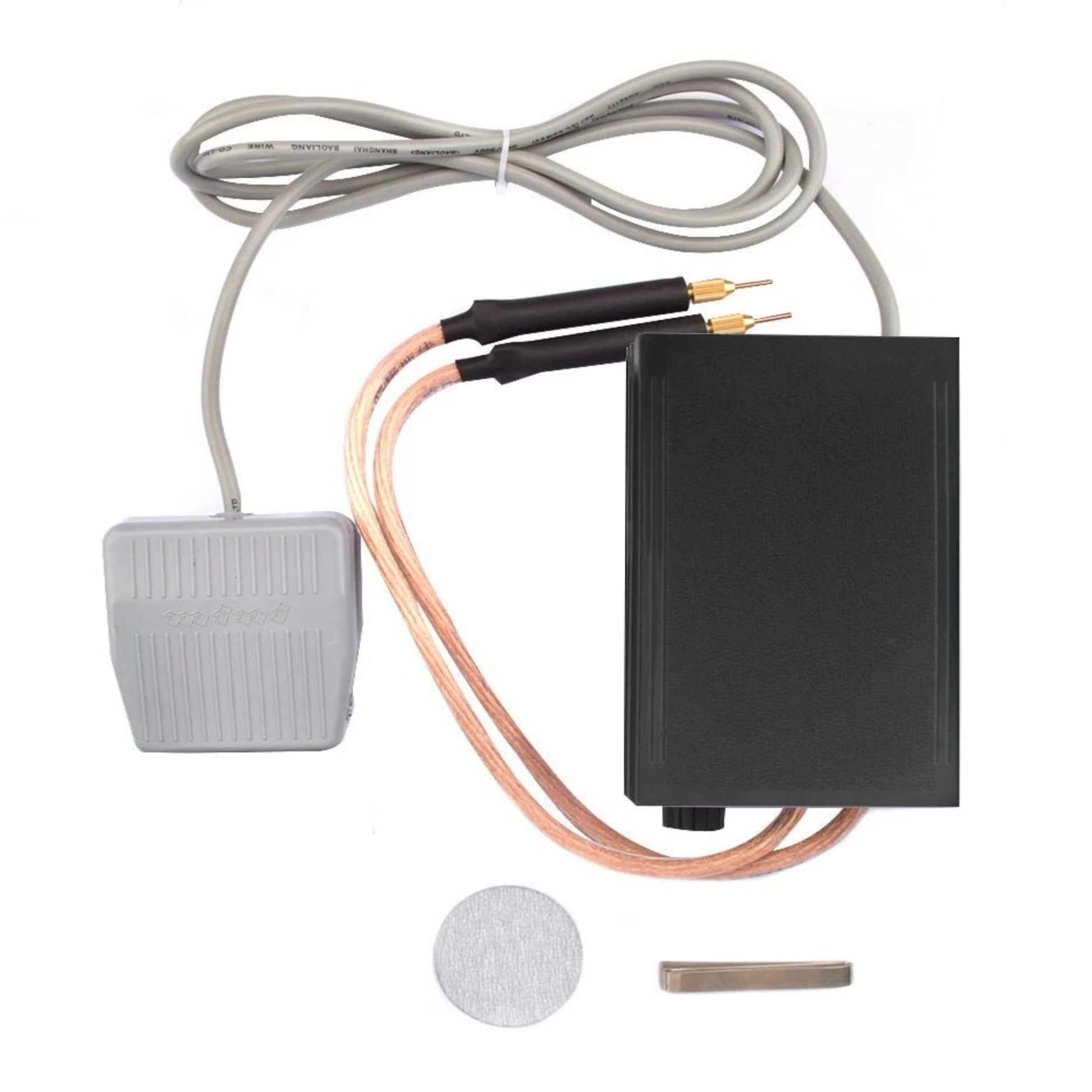 Power Spot Welding Machine accessories including control pedal, welding cables, and welding discs for 18650 battery repair.