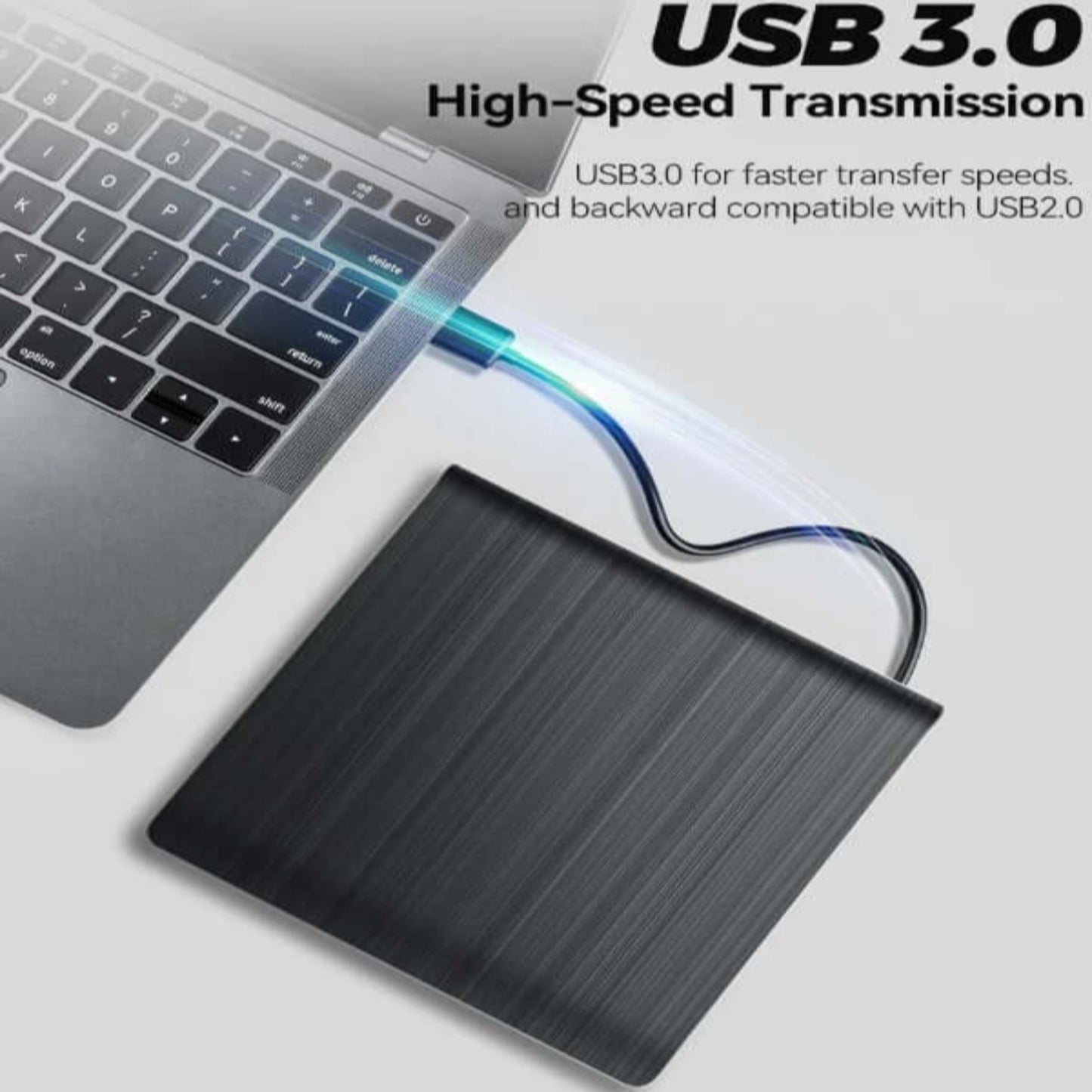 USB 3.0 External CD/DVD Drive connected to a laptop, showcasing high-speed data transmission.