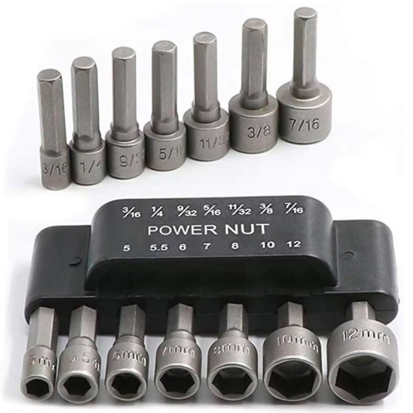 14PCS Hexagon Nut Driver Drill Bit Set with sizes 1/4 to 12mm for electric screwdrivers and woodworking.