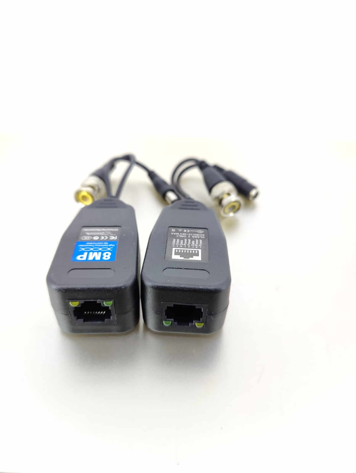 8MP 4K Passive Video & Power Balun pair for HD-CVI/TVI/AHD CCTV systems on a white background.