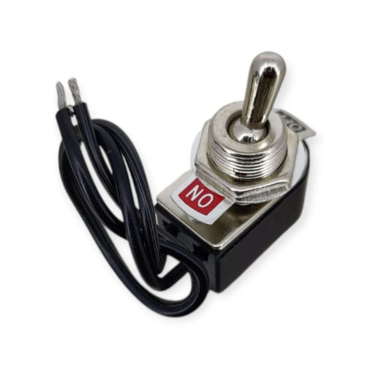 Front view of the 12mm panel mount toggle switch in the OFF position with its pre-attached black wires.