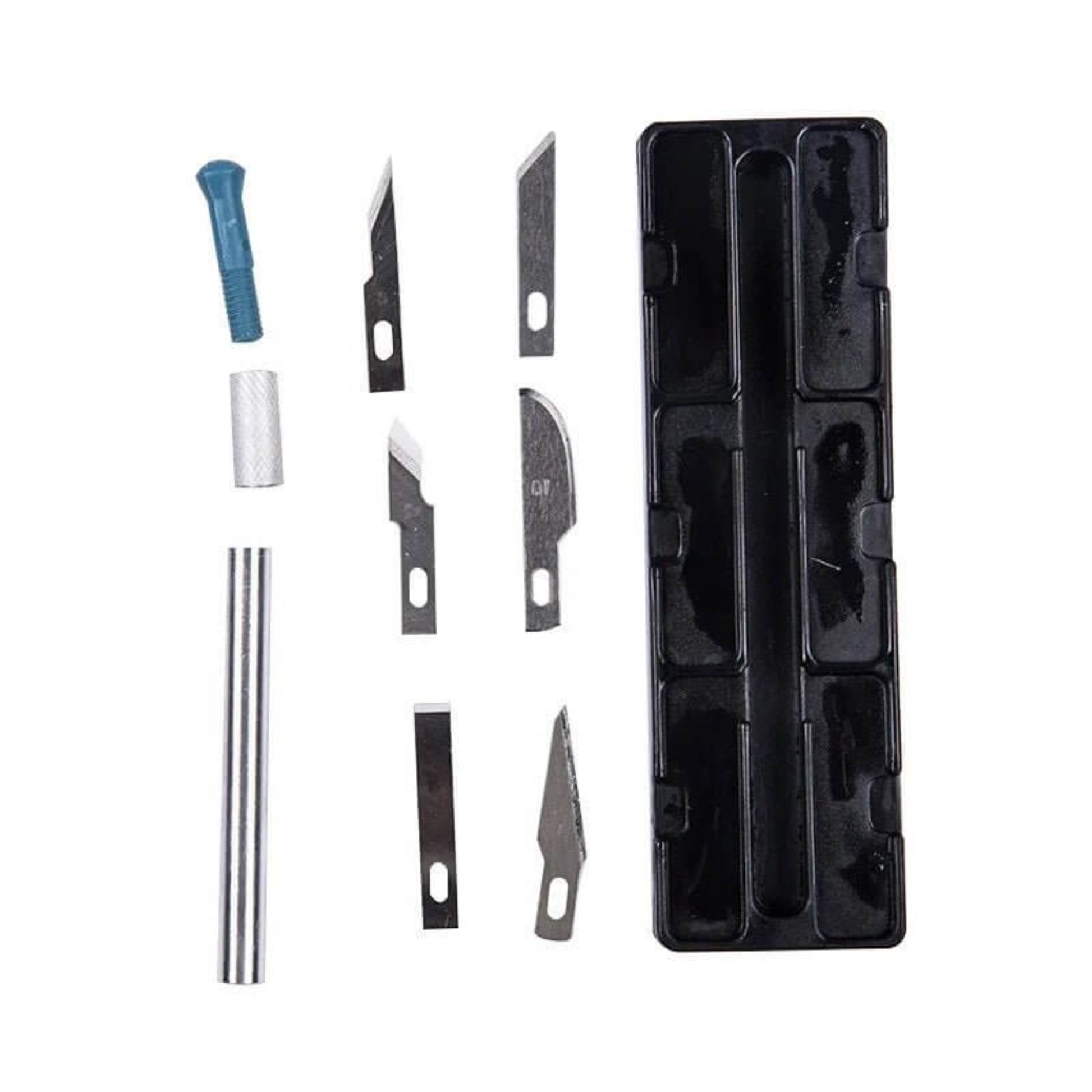 Precision hobby knife set with various blades and handle, ideal for intricate cutting and crafting of paper, models, and art.