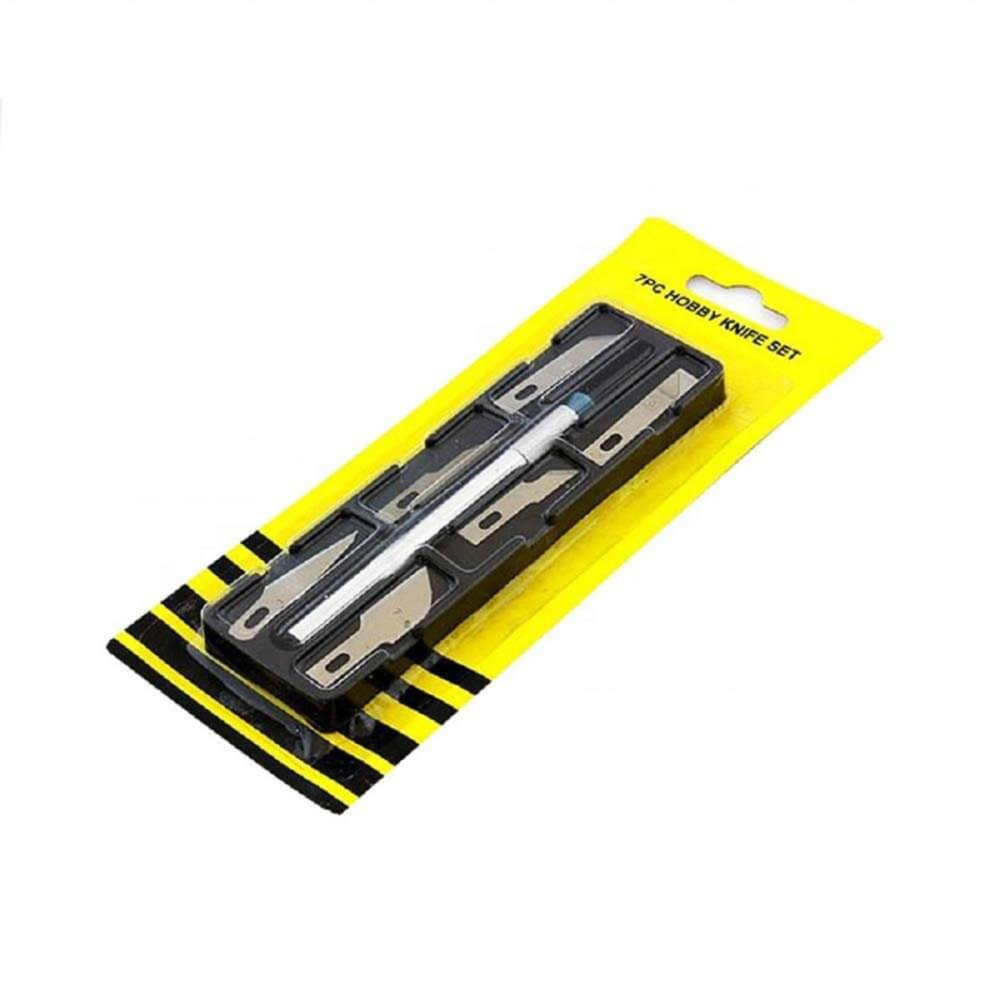 7pc precision hobby knife set in retail packaging, showcasing all blades and handle, perfect for detailed craft work.