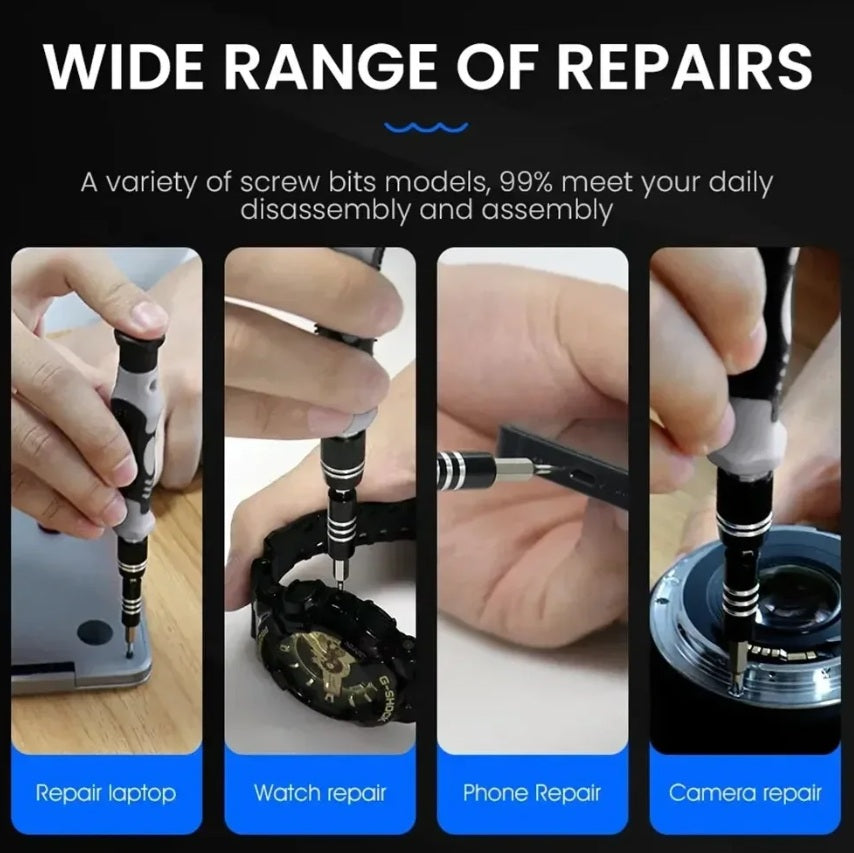 A collage demonstrating the versatility of the precision screwdriver set, with images of it being used to repair a laptop, a watch, a smartphone, and a camera lens.