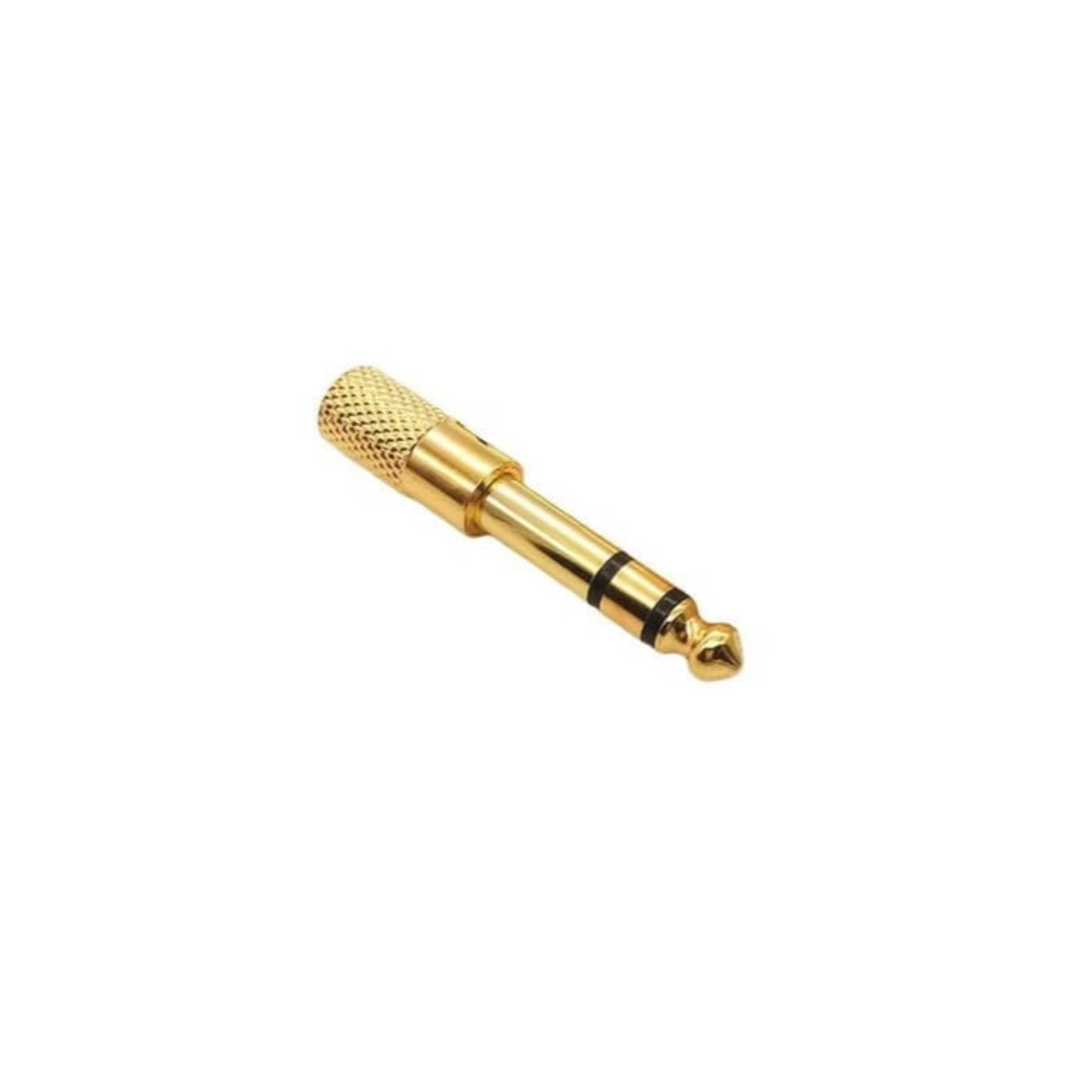 Gold 3.5mm to 6.35mm audio adapter for microphones and headphones, portable and durable design.