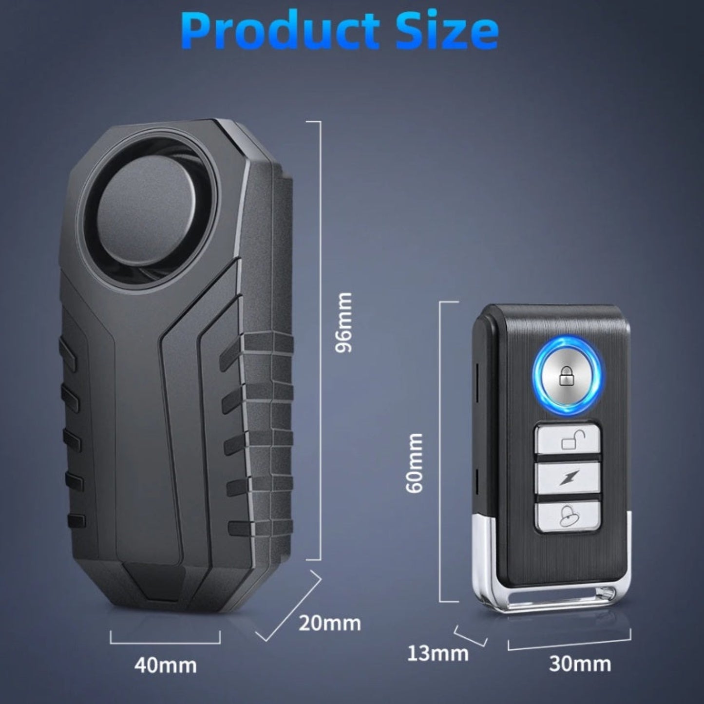 An image showing the exact dimensions of both the bike alarm and its remote control in millimeters.