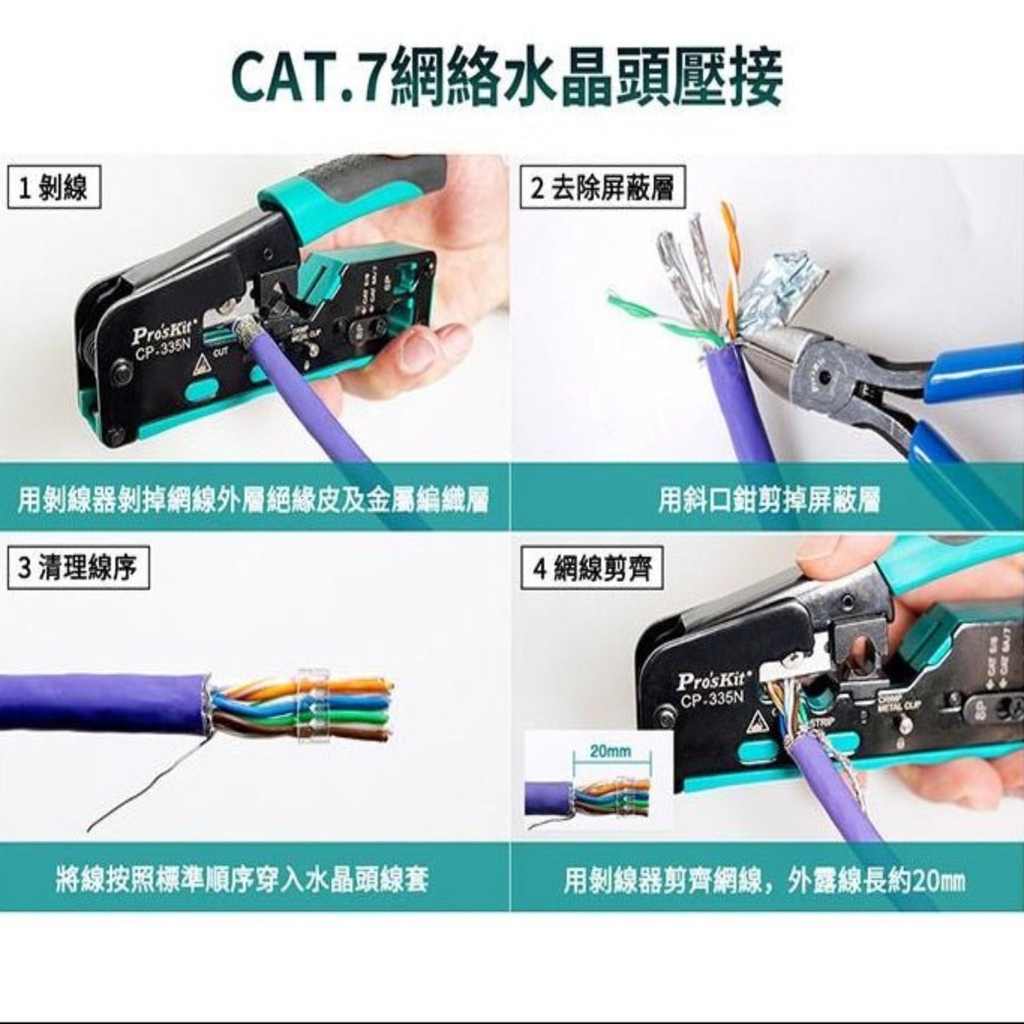 Pro'sKit CP-335N Ethernet crimper showing cutting, stripping, and crimping processes for CAT 7 cables.