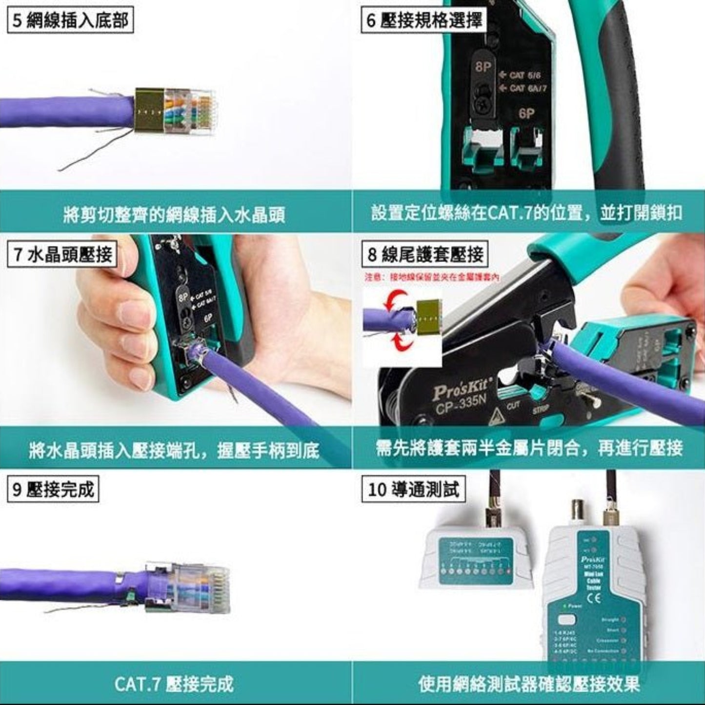 Pro'sKit CP-335N ethernet crimper demonstrating cutting, stripping, and crimping functions for CAT 5/6/7 cables.