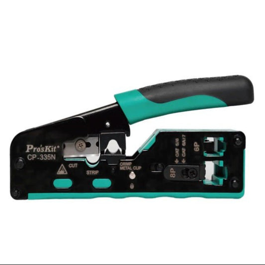 Pro'sKit CP-335N ethernet crimper showcasing cutting, stripping, and crimping functions for network installation.