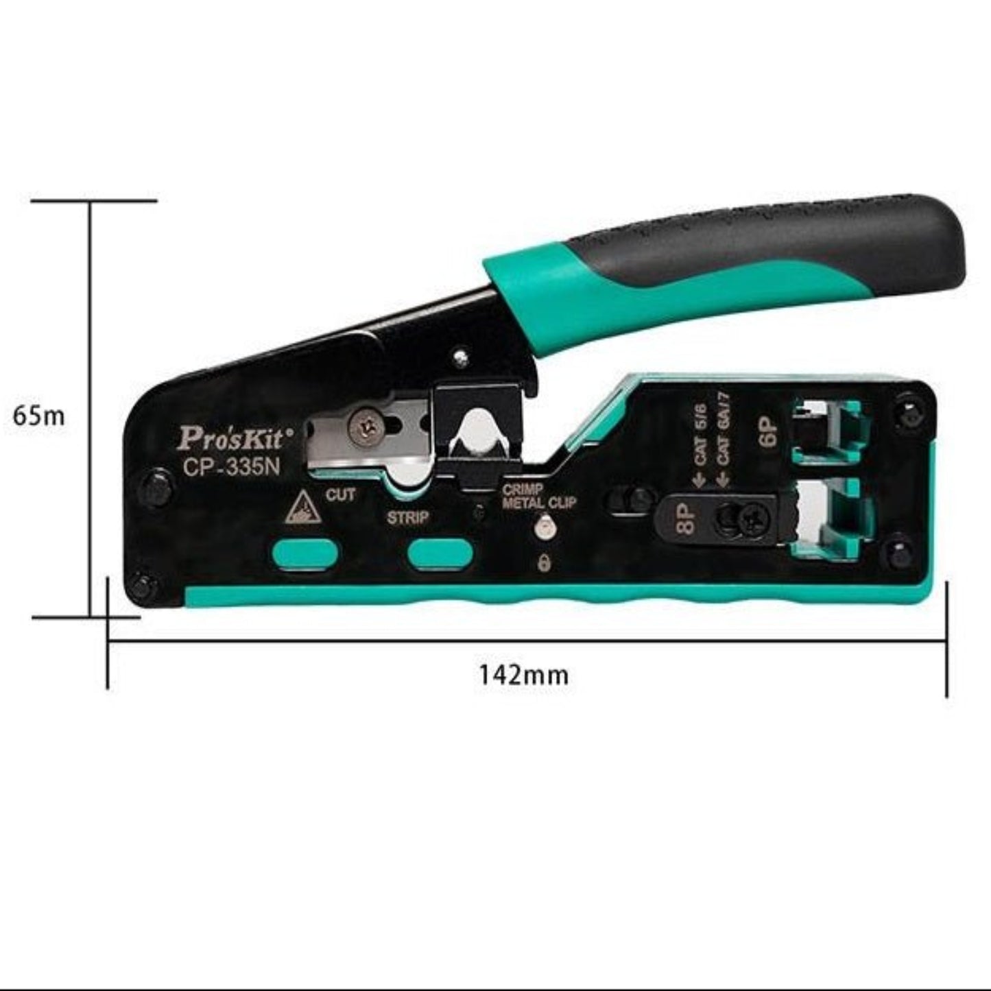 Pro'sKit CP-335N All-in-One Ethernet Crimper showing cut, strip, and crimp functions, 142mm length.
