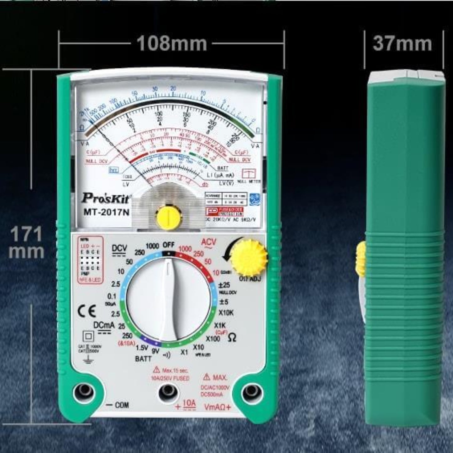Pro'sKit MT-2017N analog multimeter showing measurements and dimensions, perfect for electricians and hobbyists.