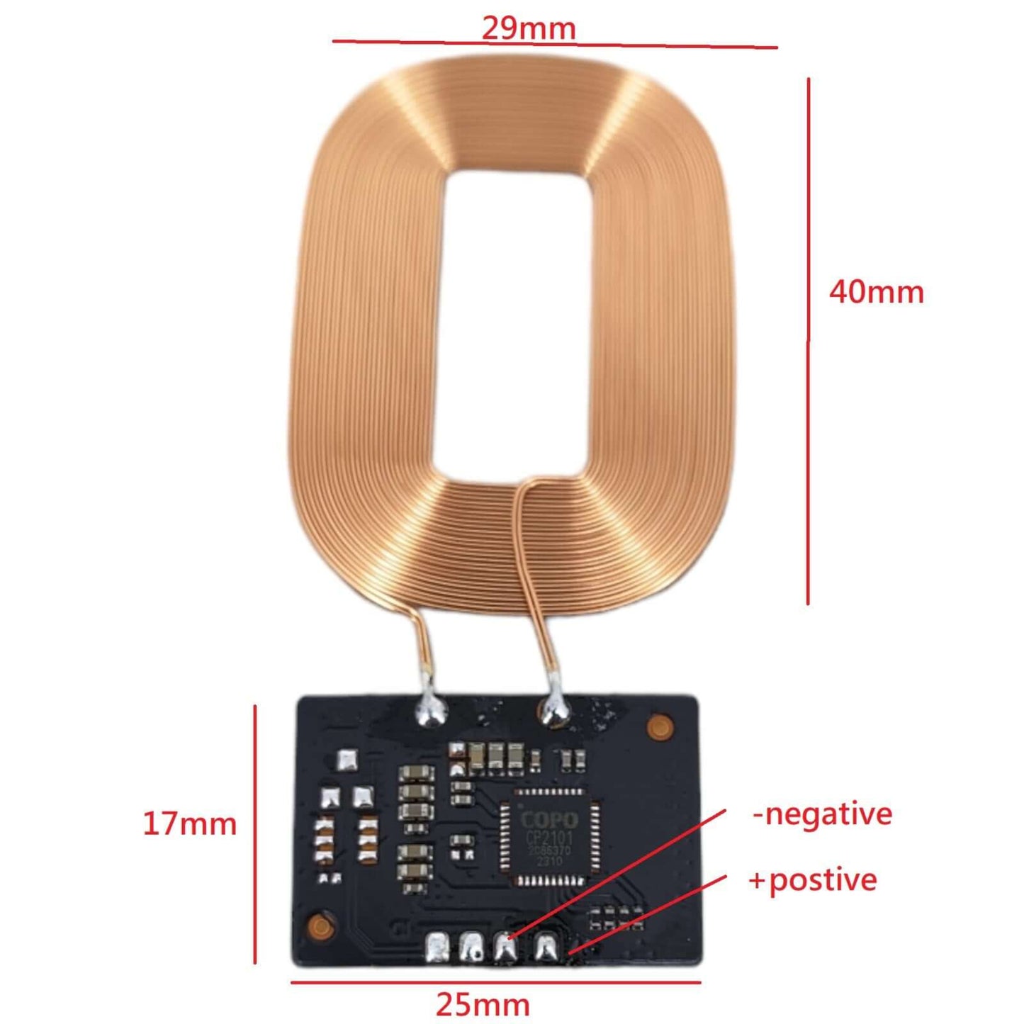 Dimensions of the 7.5W Qi wireless charger receiver module, showing the 29x40mm coil and 17x25mm circuit board.
