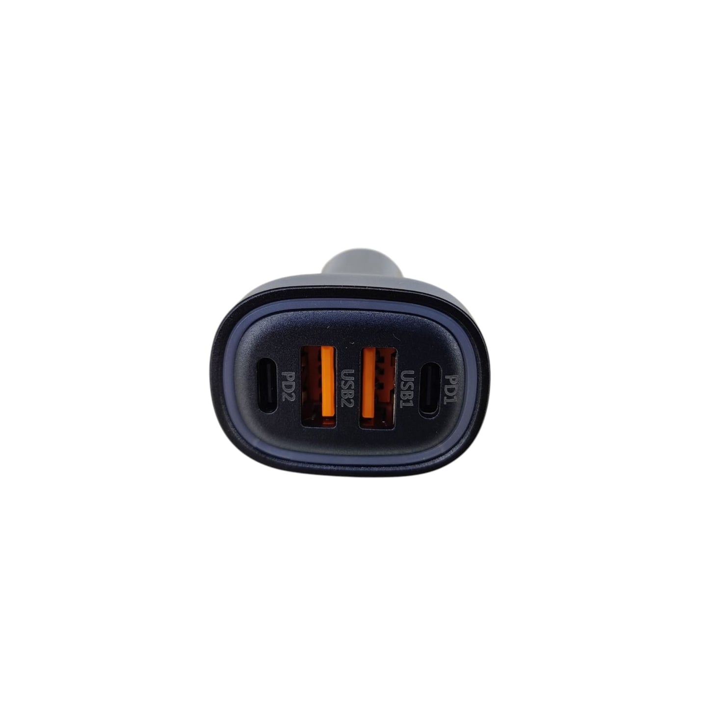 A close-up of the four charging ports on the car charger, clearly labeled PD1, PD2, USB1, and USB2.