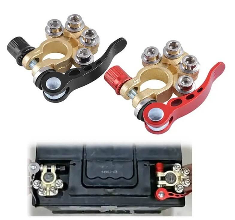 Car Battery Quick Release Terminals in black and red colors for 12V/24V top post clamps, enhancing vehicle power connection.