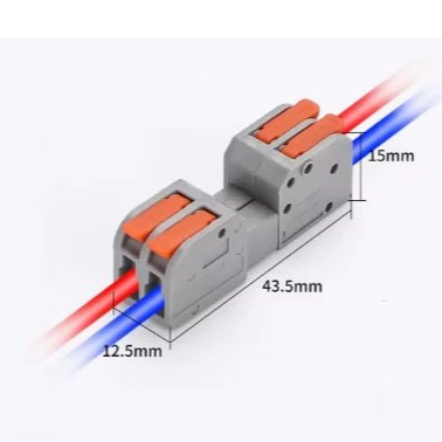 Quick wire connector dimensions (43.5mm length) with red and blue electrical wires securely connected.
