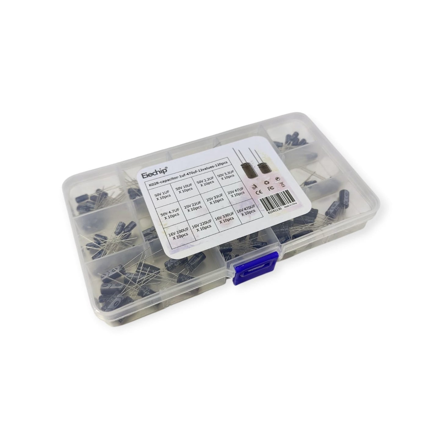 Organized 120-piece electrolytic capacitor kit with 12 values (1uF-470uF), 16V, 25V, and 50V ratings.