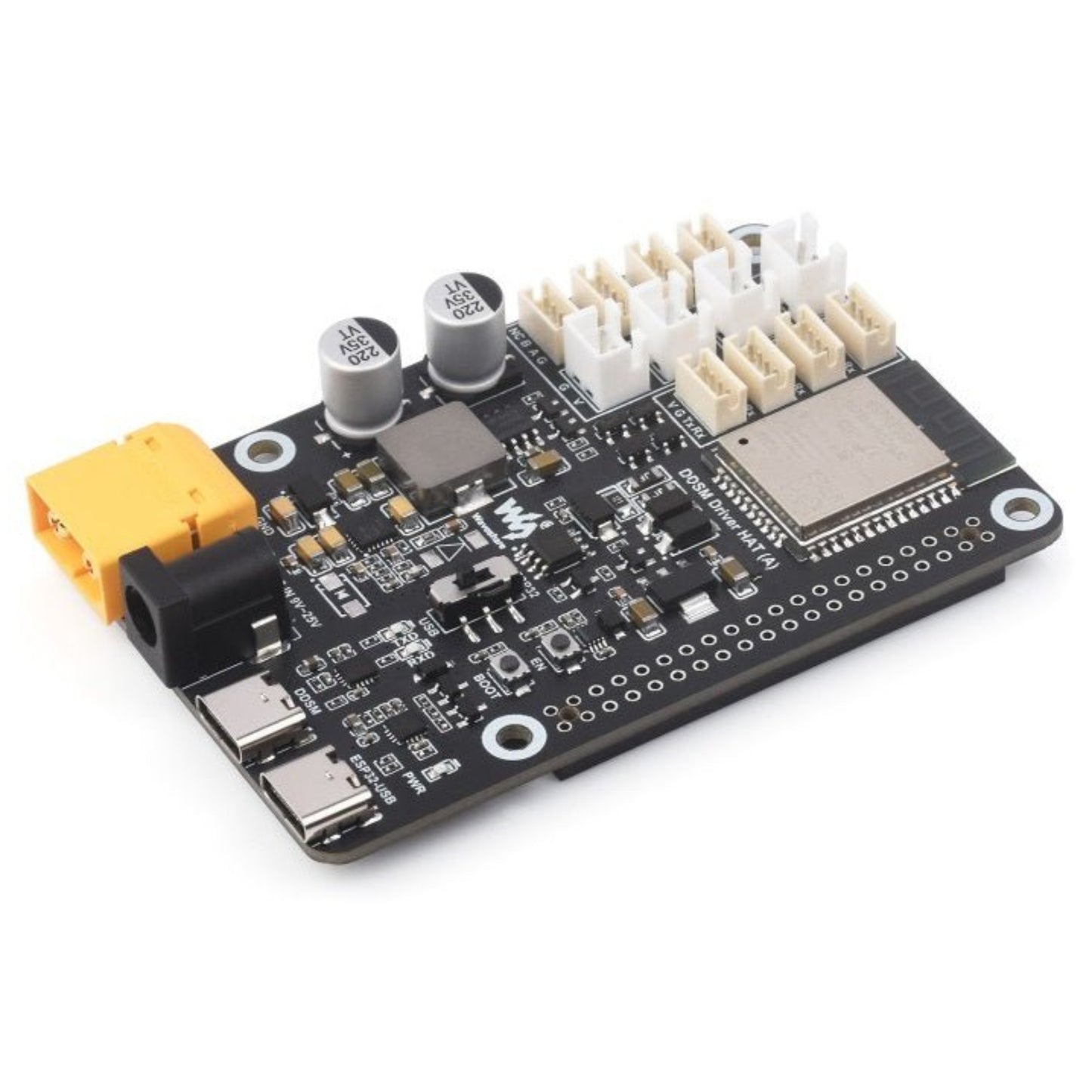 Raspberry Pi Direct Drive Servo Motor Driver Board with ESP32, supporting 2.4G WiFi and DDSM series hub motors.