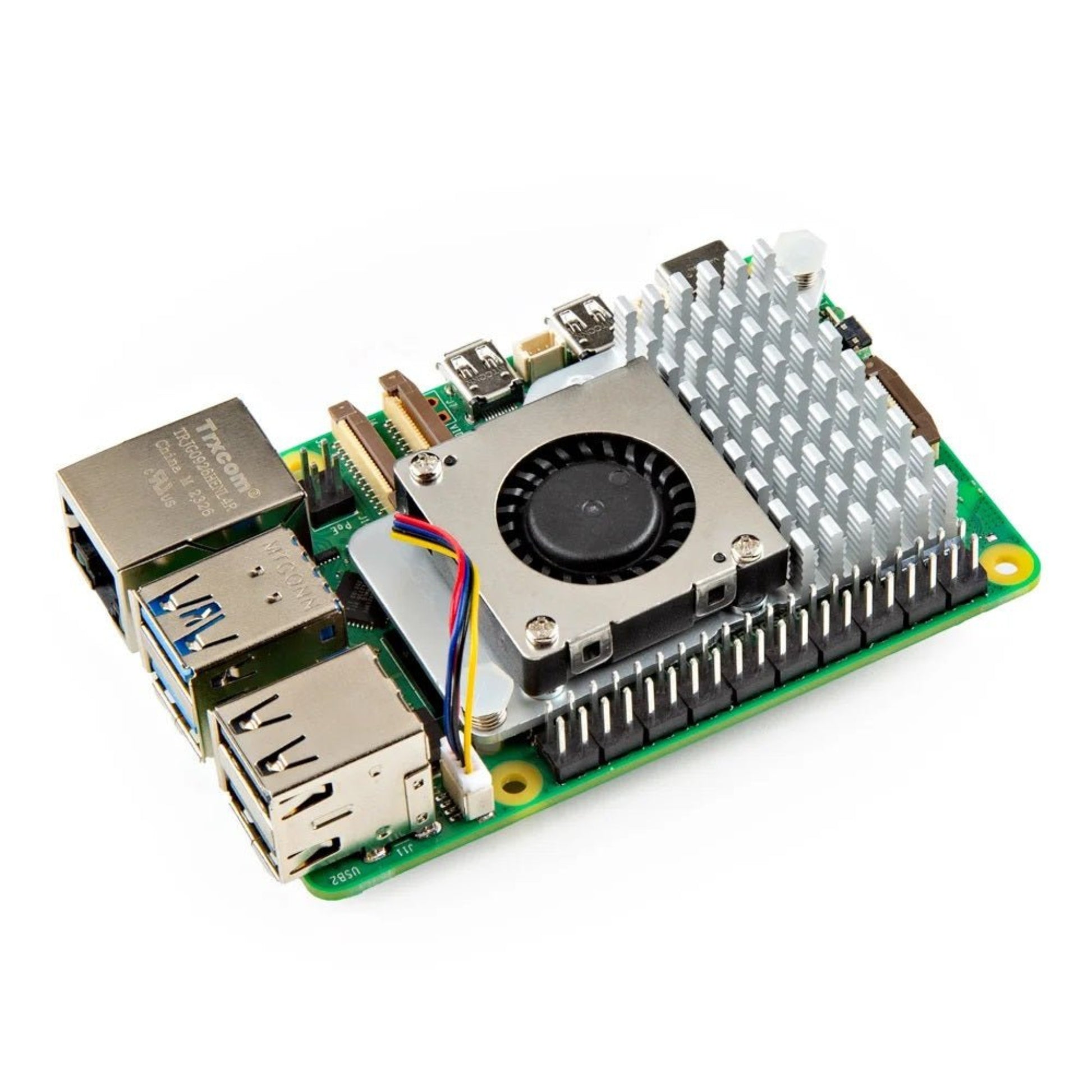 Raspberry Pi 5 Active Cooler with adjustable speed fan and metal heatsink for optimal cooling.