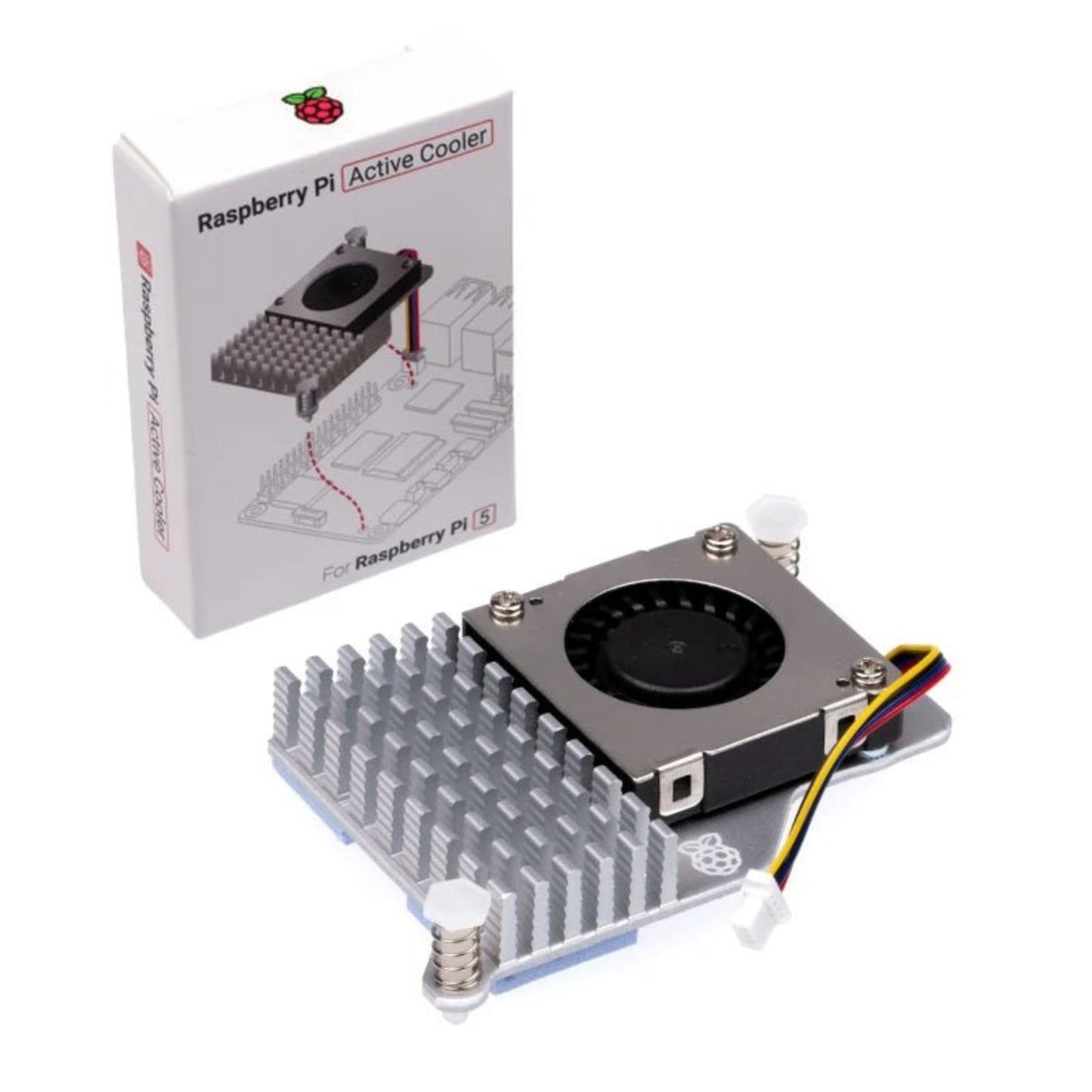 Raspberry Pi 5 Active Cooler with adjustable speed fan and metal heatsink, packaged for optimal cooling performance.