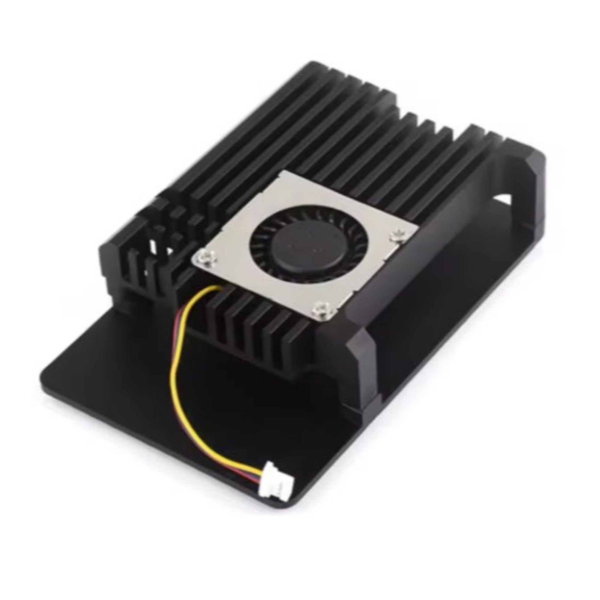A fully assembled black aluminum case for Raspberry Pi 5 showing the ribbed heatsink top and side port openings.