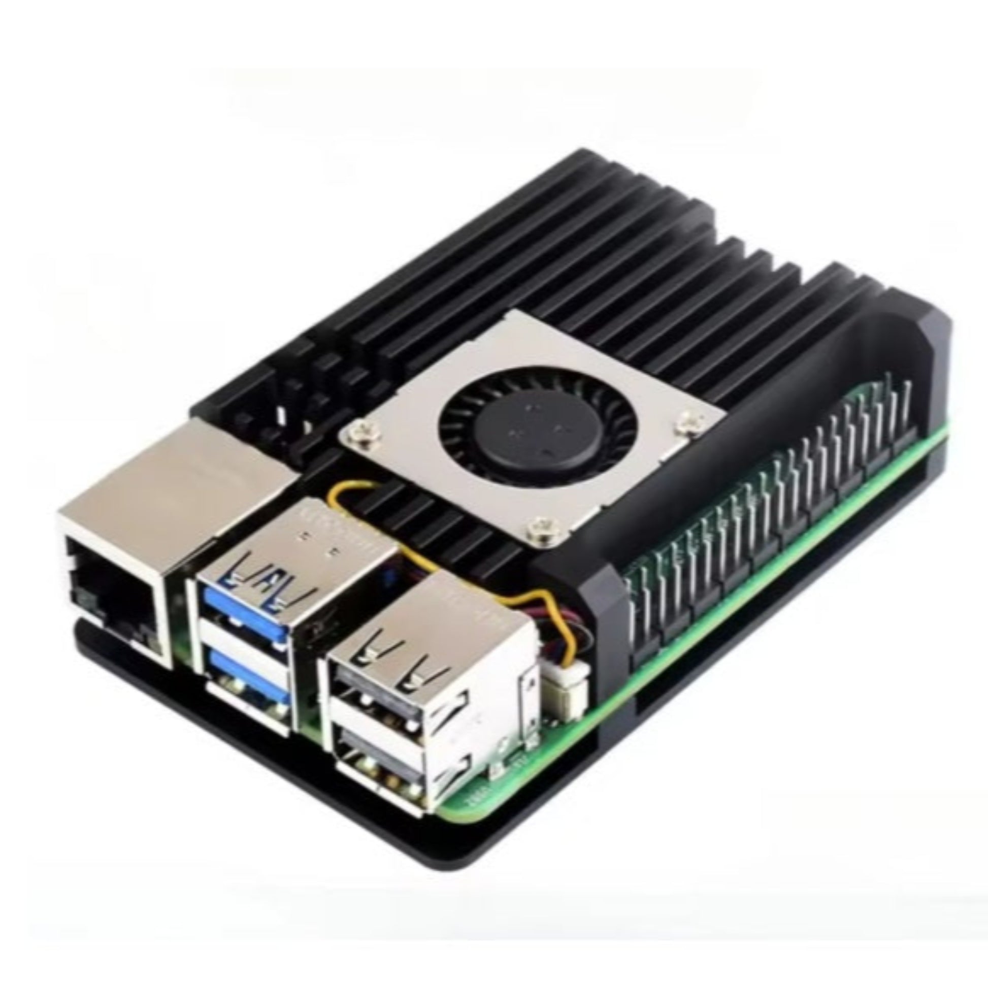 Black aluminum heatsink case for Raspberry Pi 5 with a cooling fan installed, shown from a front-angle view.