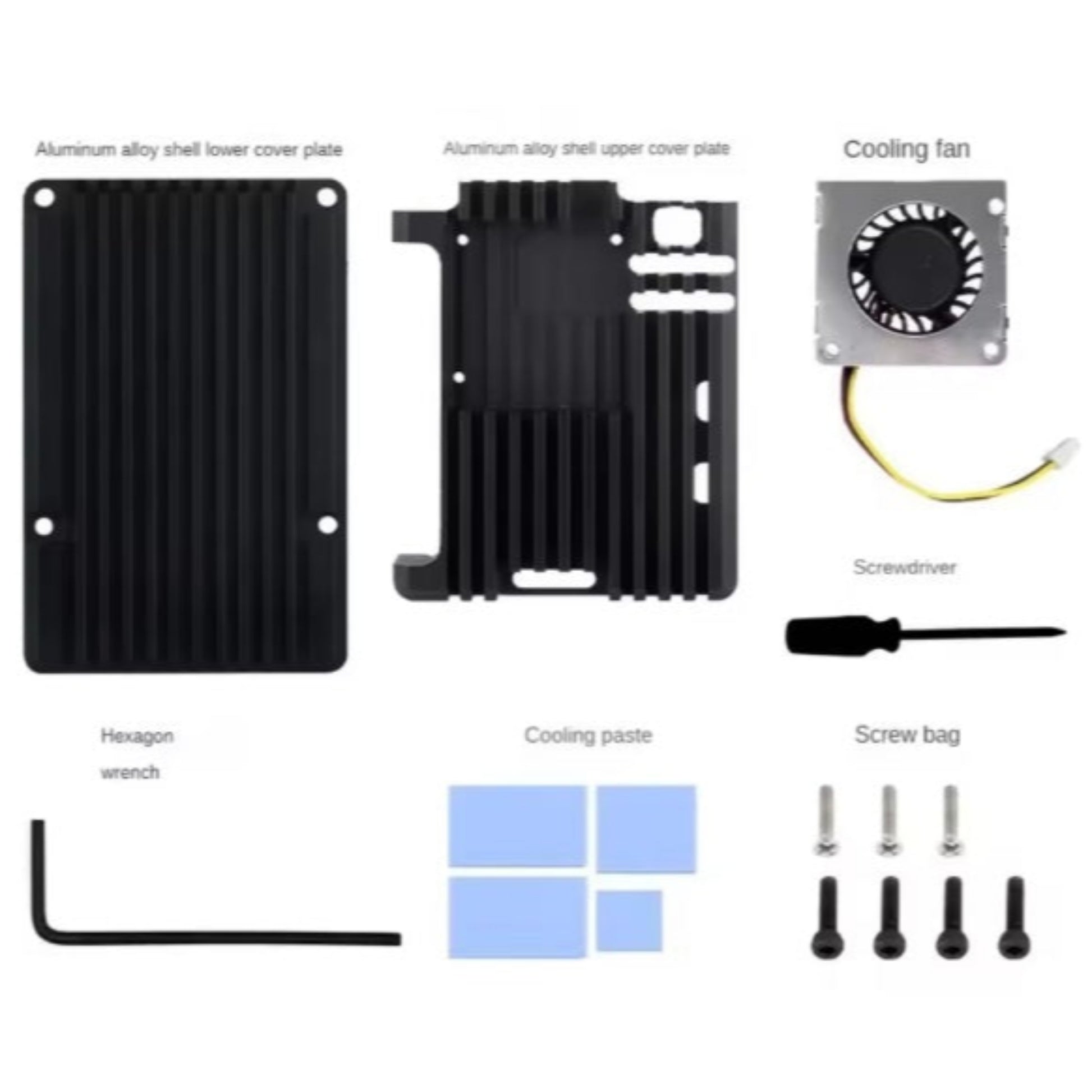 All included components for the Raspberry Pi 5 case: top and bottom aluminum shells, cooling fan, thermal pads, screws, and tools.
