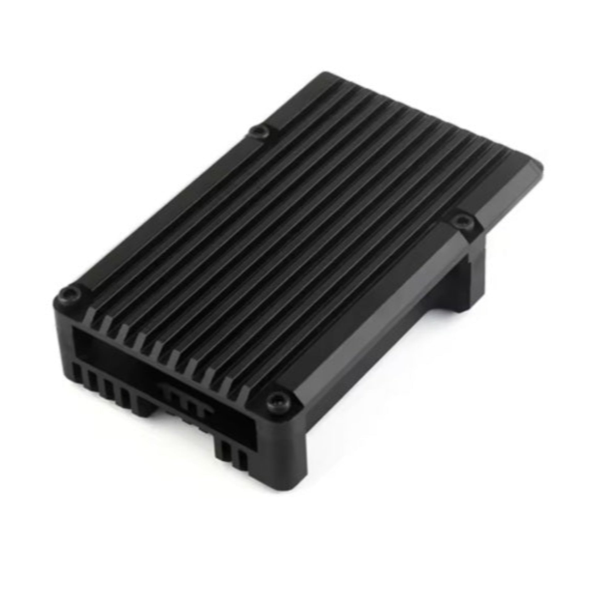 Raspberry Pi 5 installed in the aluminum case, highlighting the open access to the 40-pin GPIO header and USB/Ethernet ports.