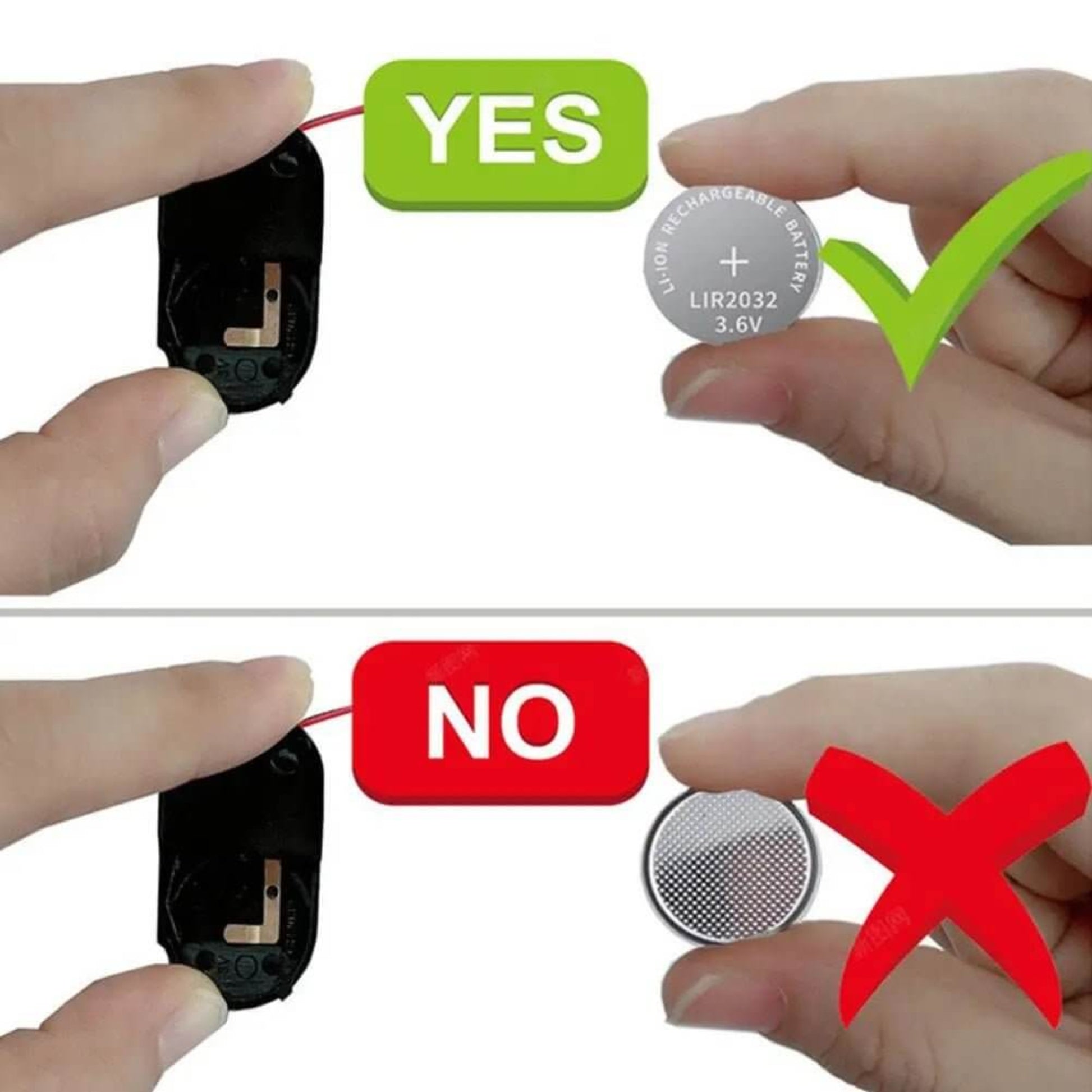 Focuses on the crucial detail shown: the compatibility with the rechargeable LIR2032 battery type.