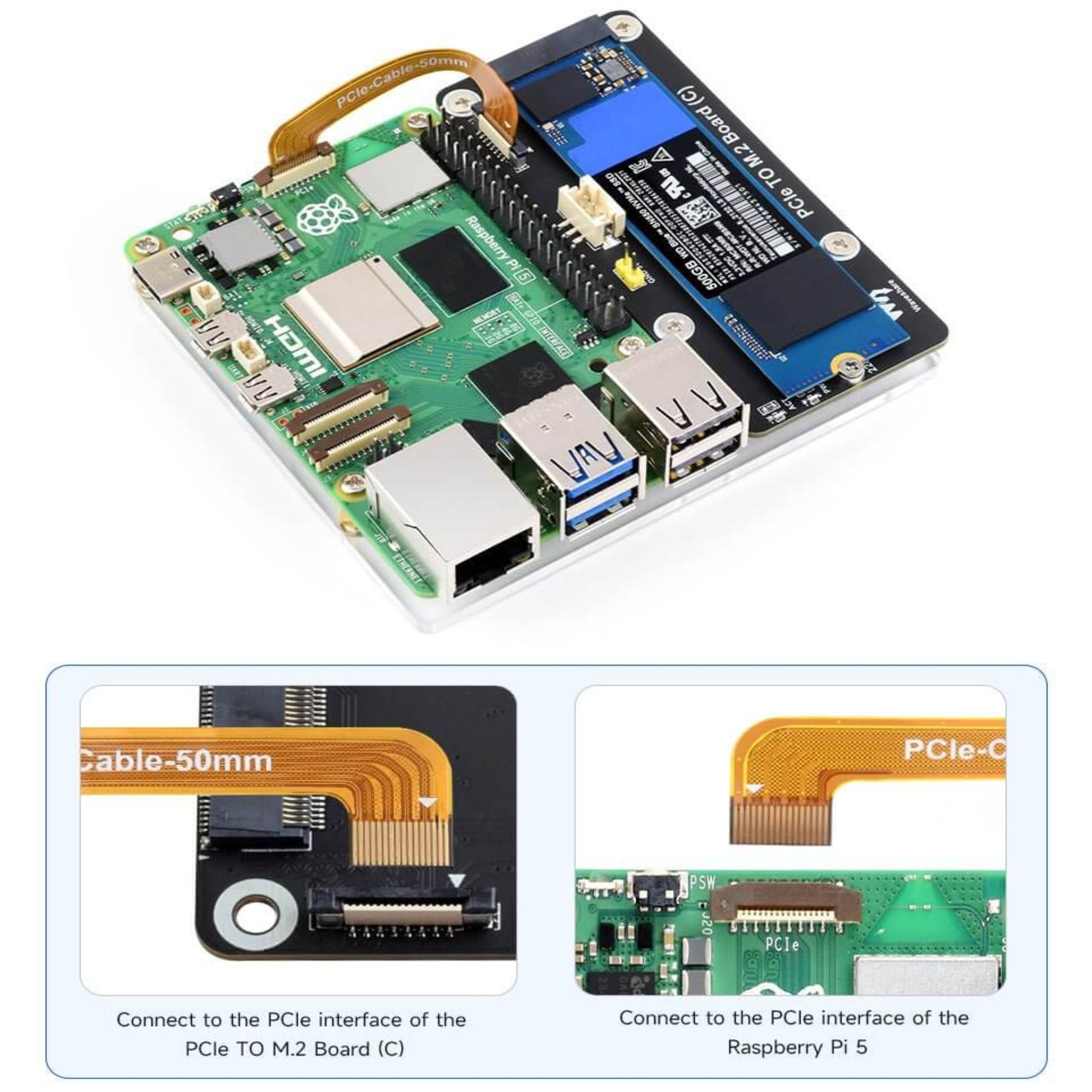 Raspberry Pi 5 with PCIe to M.2 NVMe adapter board and SSD installed, showing the 50mm ribbon cable connection.