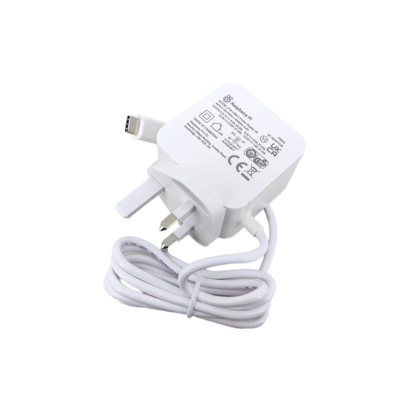 白色Raspberry Pi 5 USB-C 27W充電器正面特寫,顯示標準英國三腳插頭和USB-C連接器。