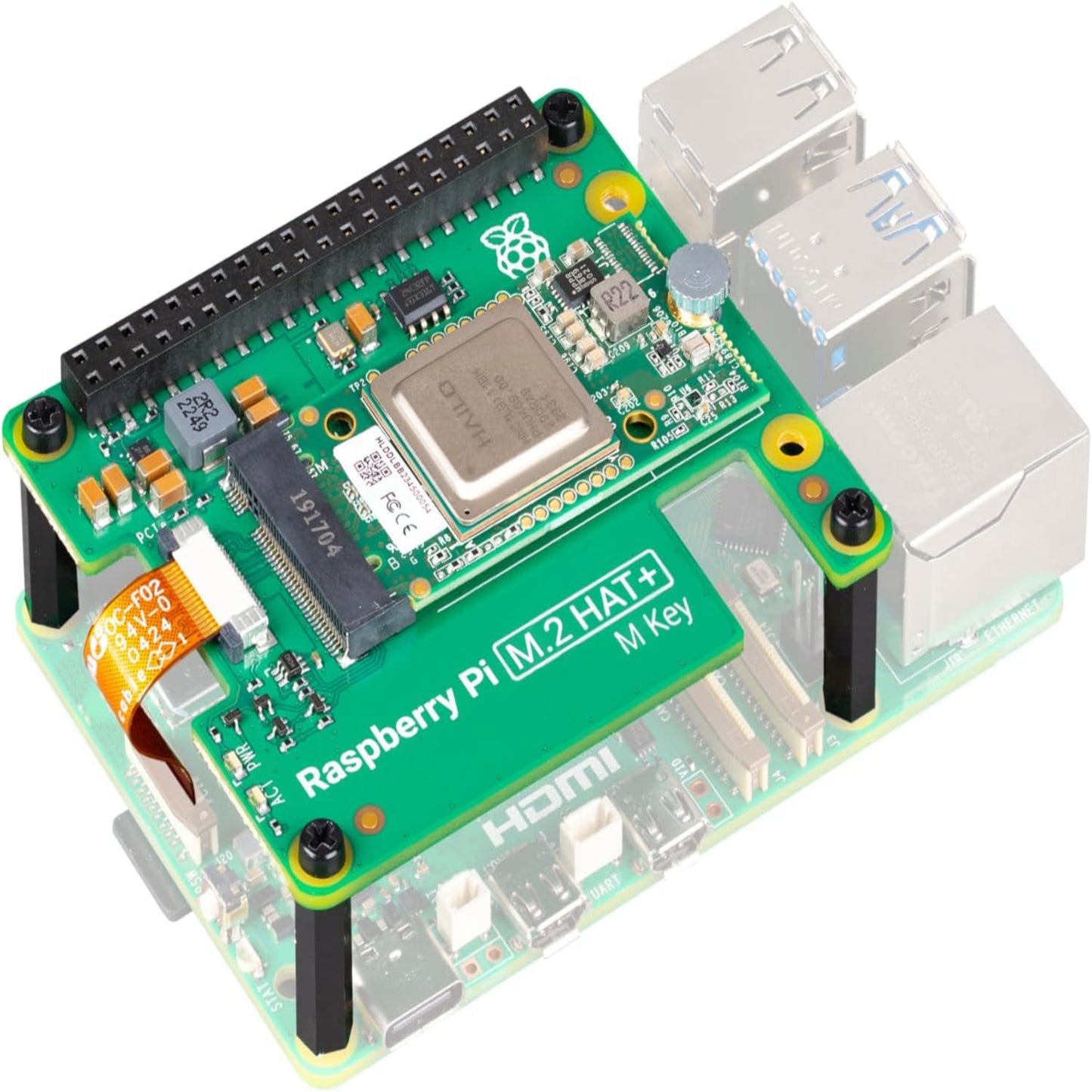 Raspberry Pi AI Kit with M.2 HAT+, showcasing integrated components and thermal features for enhanced performance.