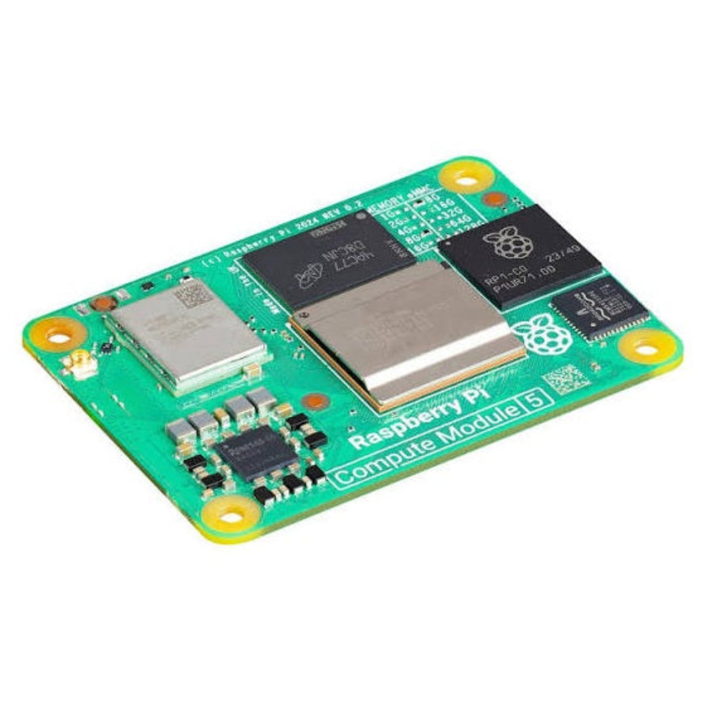 Top view of the Raspberry Pi Compute Module 5 (CM5108032), showing the BCM2712 processor, 8GB RAM, and 32GB eMMC storage.