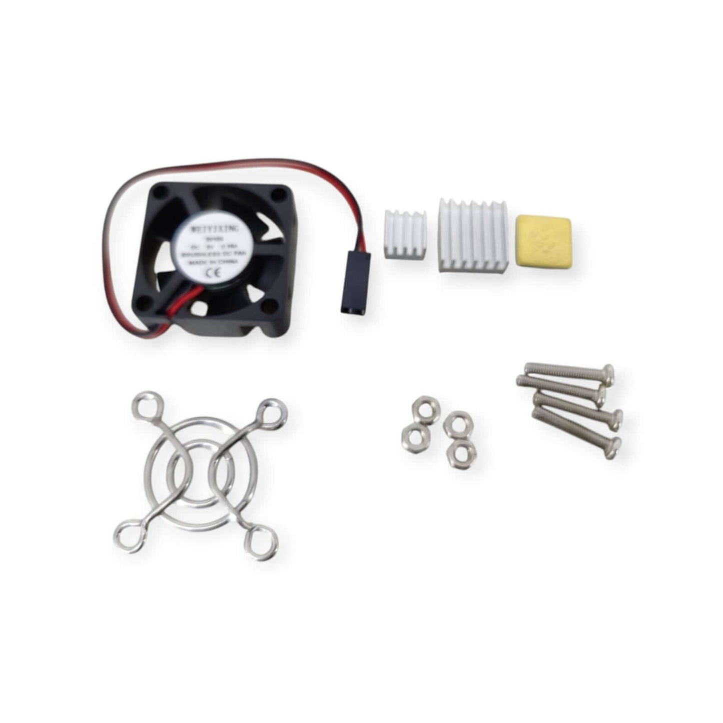 Raspberry Pi Cooling Fan Kit including a quiet fan, heatsinks, screws, and mounting accessories for efficient cooling.