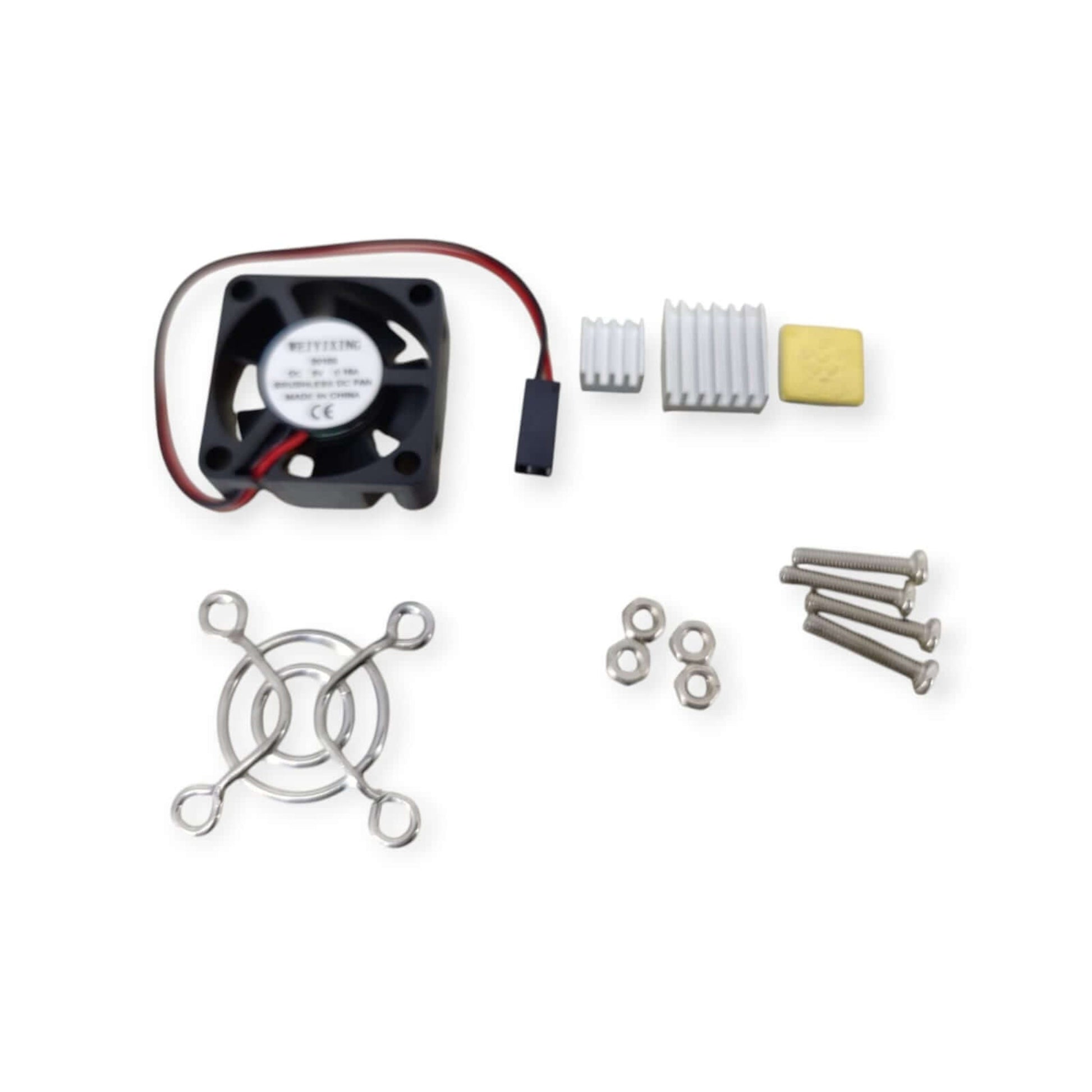 Raspberry Pi Cooling Fan Kit including a quiet fan, heatsinks, screws, and mounting accessories for efficient cooling.