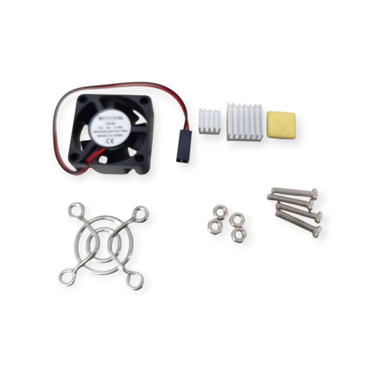 Raspberry Pi Cooling Fan Kit including a quiet fan, heatsinks, screws, and mounting accessories for efficient cooling.