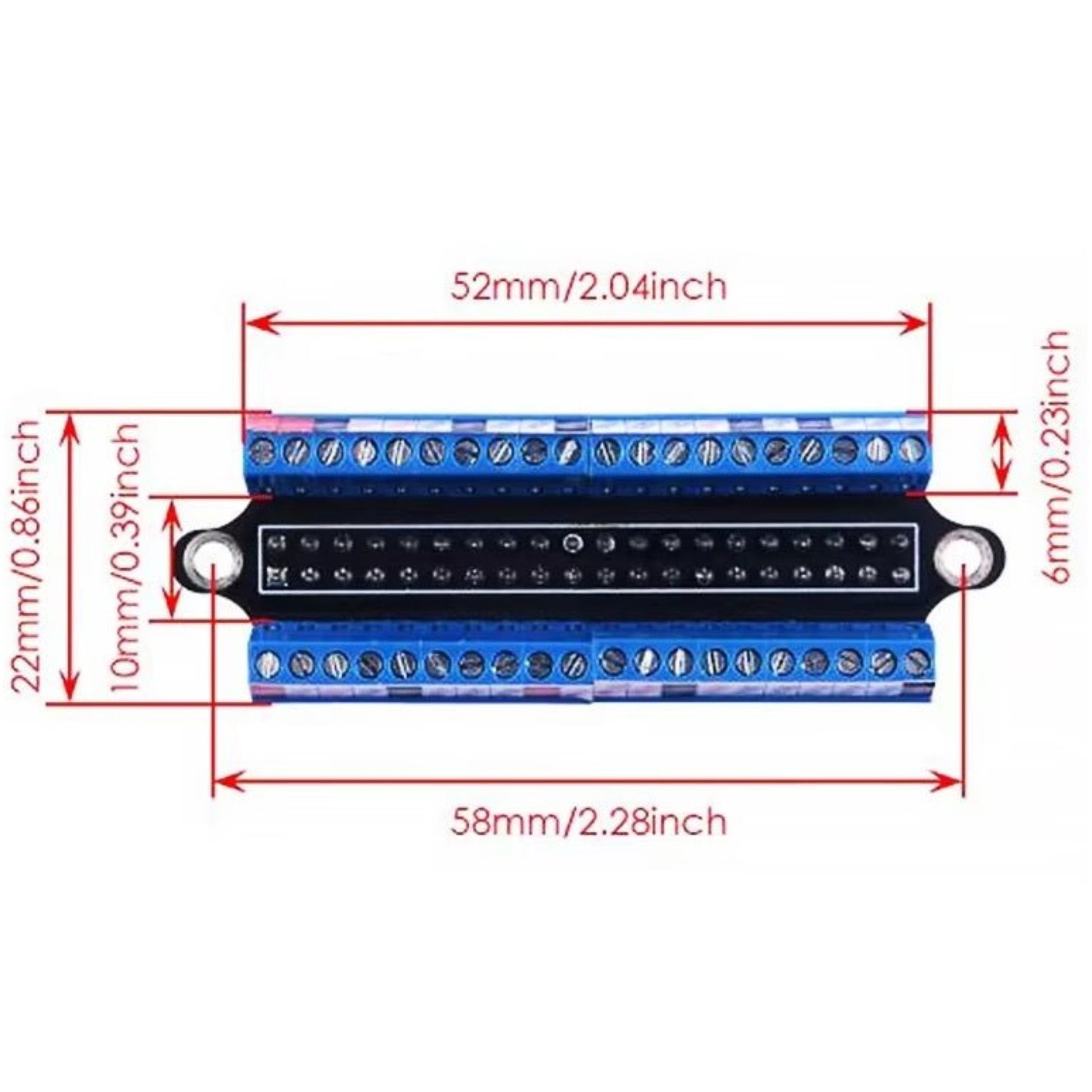 Raspberry Pi 40-pin screw terminal extension board with dimensions and connections for GPIO expansion.