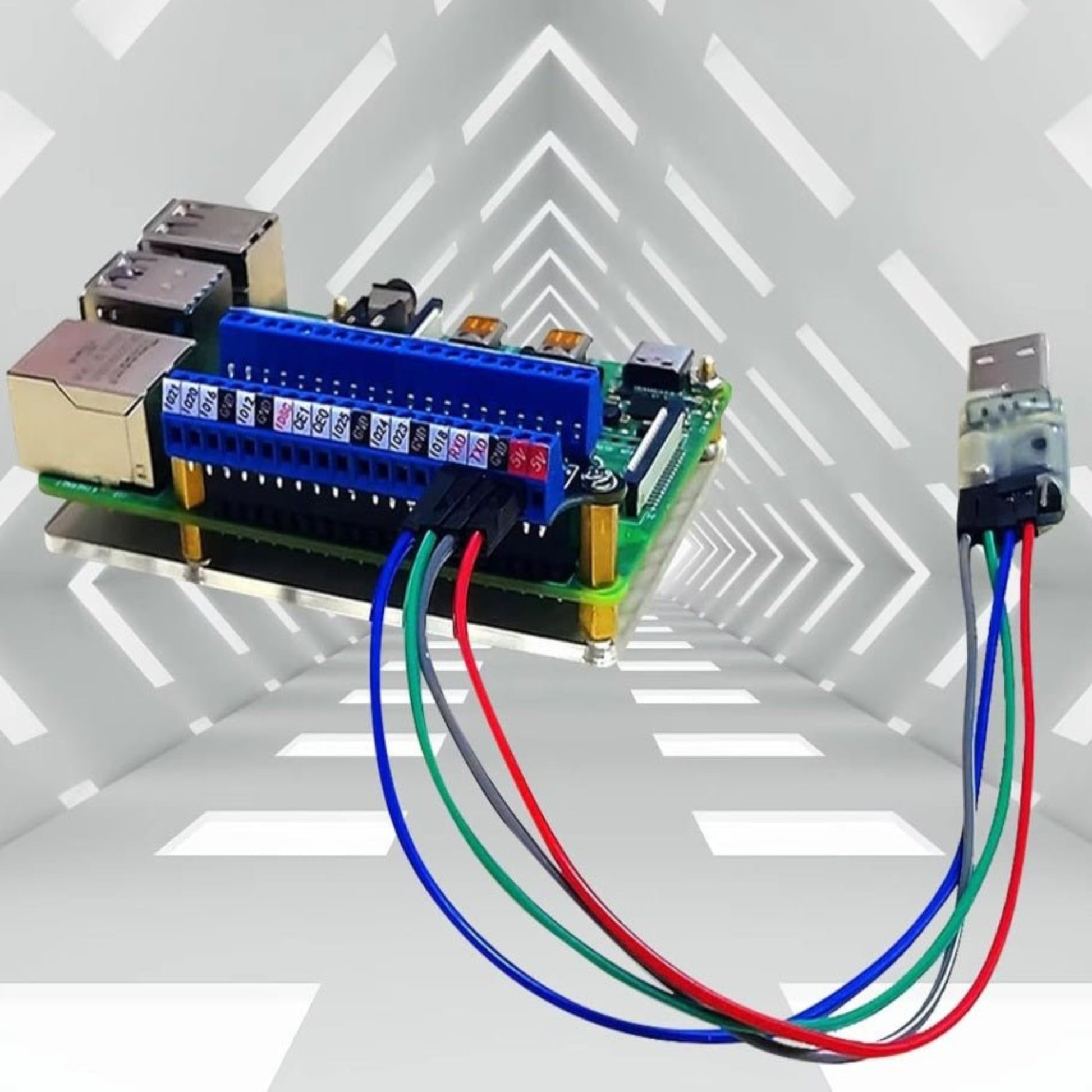 Raspberry Pi 40pin screw terminal expansion board with wires for GPIO access setup.