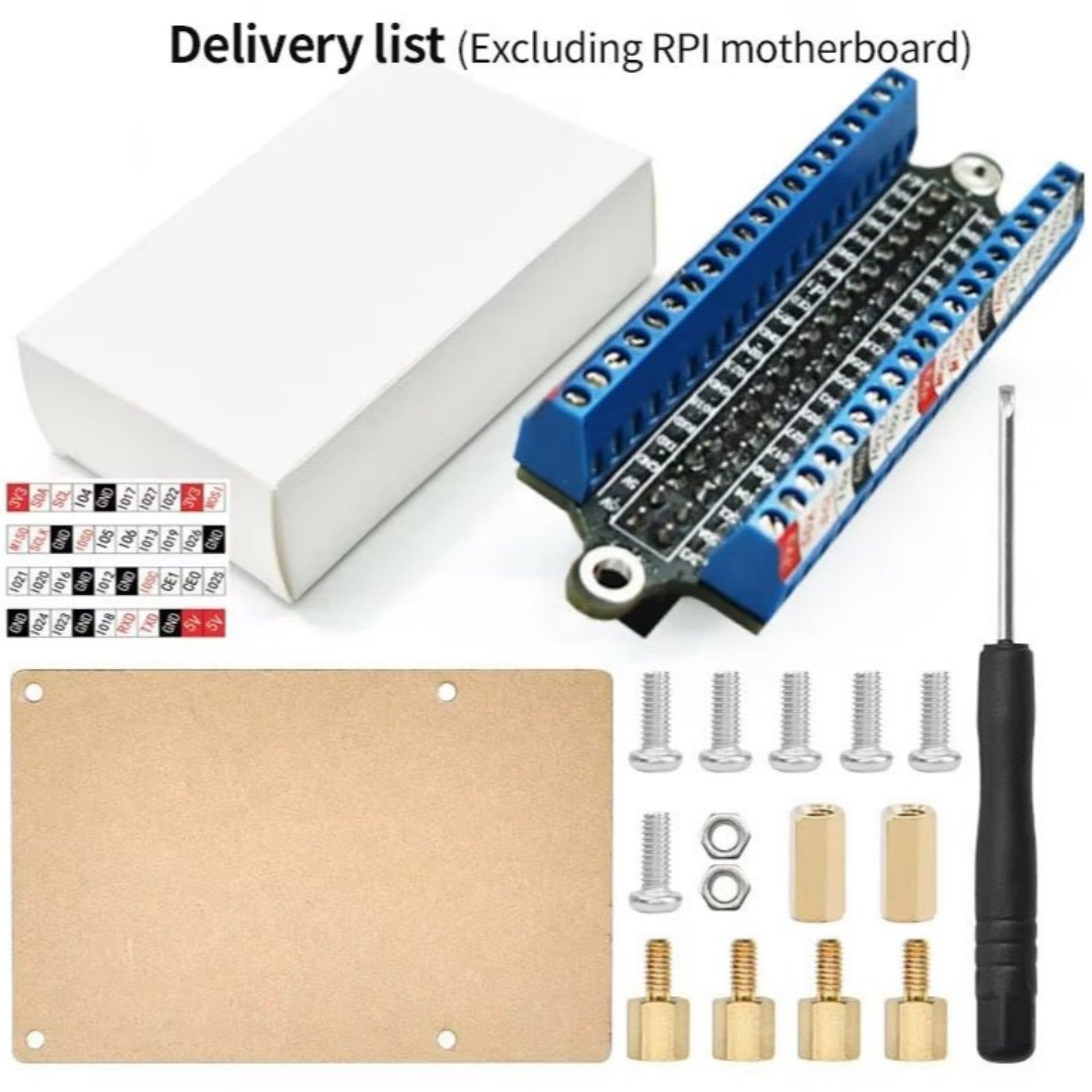 Raspberry Pi 40pin screw terminal extension board delivery list with accessories including acrylic plate and screwdriver.