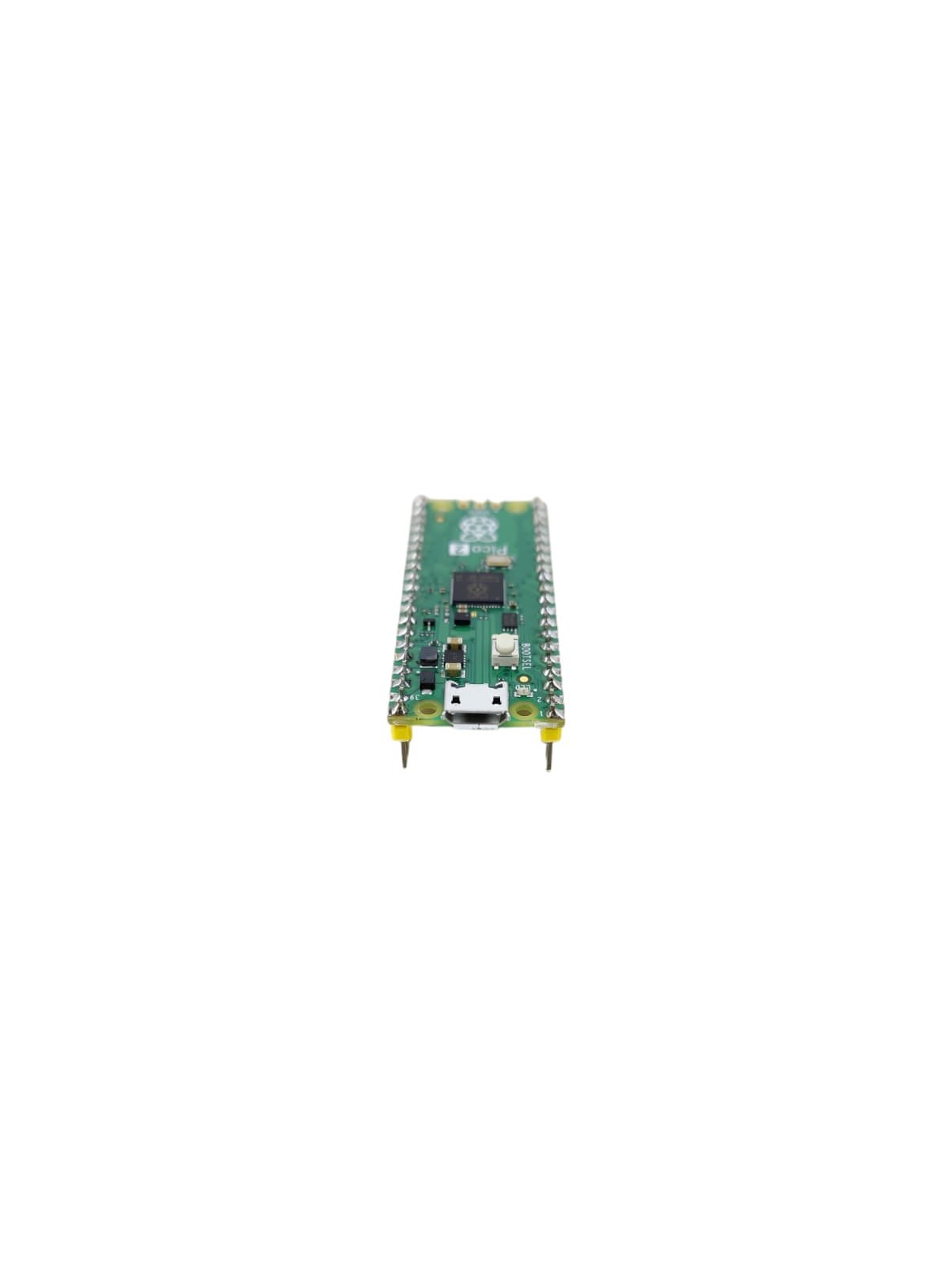 Raspberry Pi Pico 2 microcontroller board front view with dual-core processing features for advanced projects.