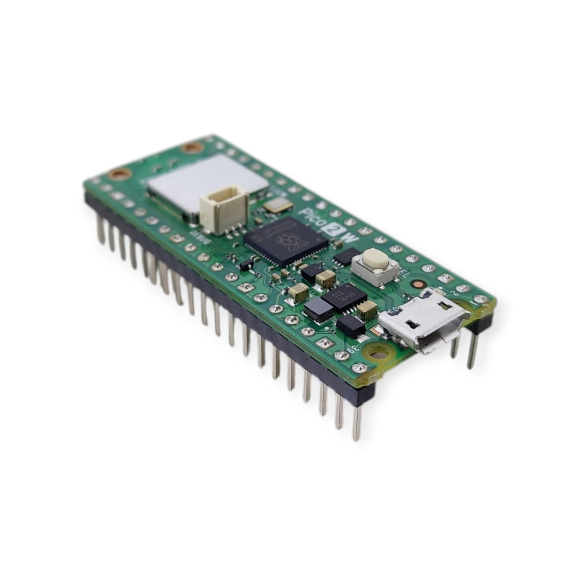 A close-up angled view of the Raspberry Pi Pico 2 W (SC1634) with its pre-soldered 40-pin headers clearly visible for breadboard use.