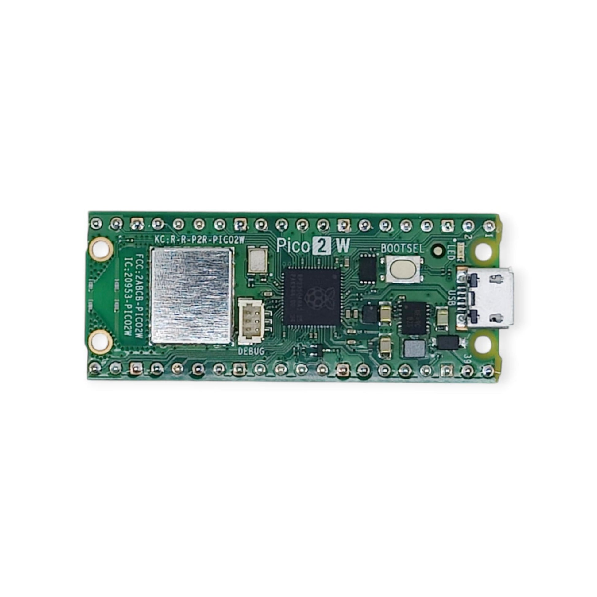 Top-down view of the Raspberry Pi Pico 2 W board with pre-soldered headers, showing the RP2350 chip and Wi-Fi module.
