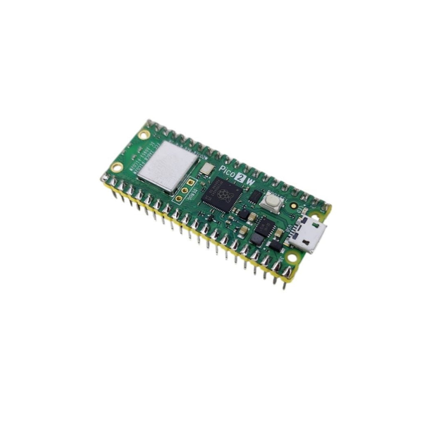 Raspberry Pi Pico 2 W microcontroller board showcasing WiFi and Bluetooth capabilities for IoT projects.