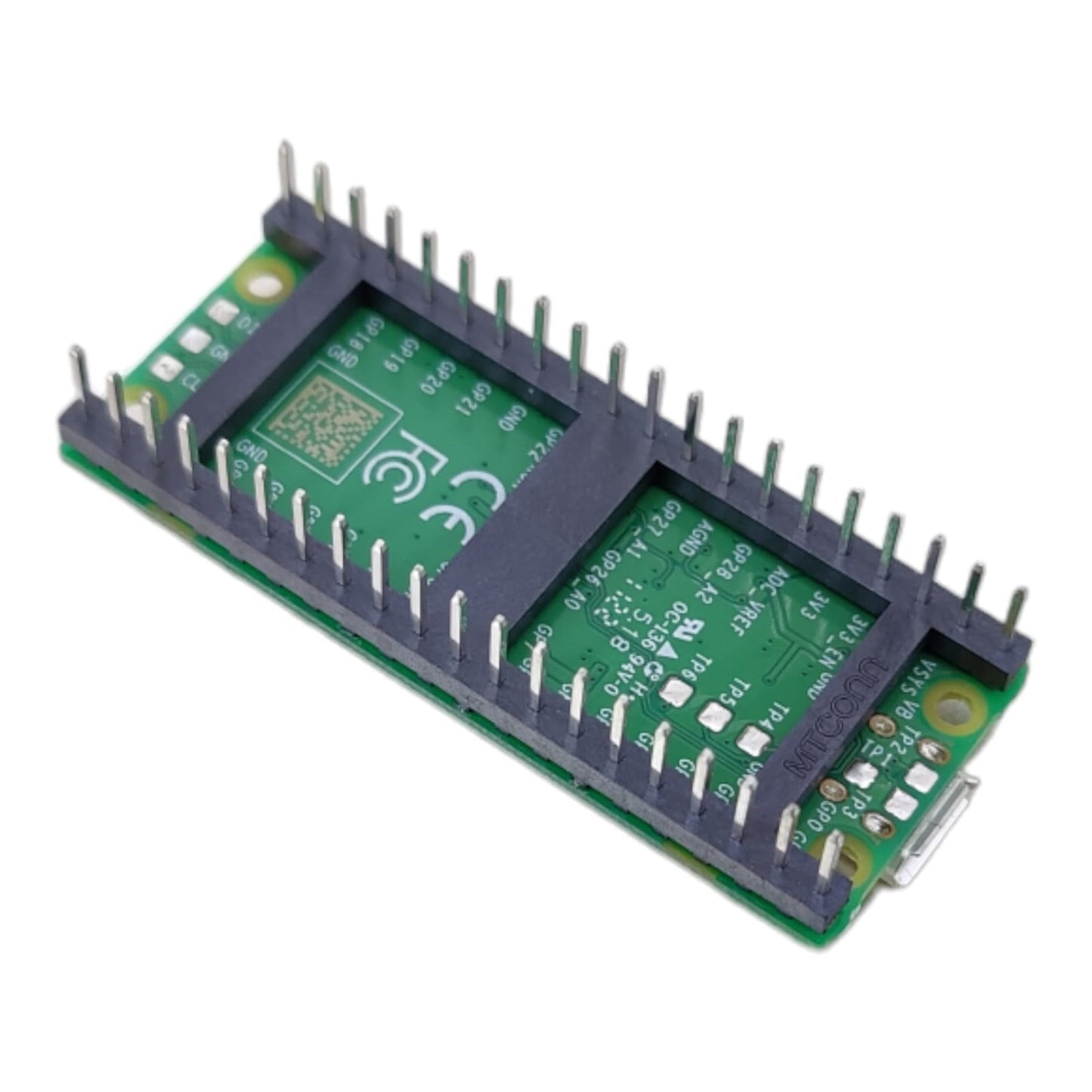 Raspberry Pi Pico H microcontroller board with RP2040 chipset and pre-populated headers for project deployment.