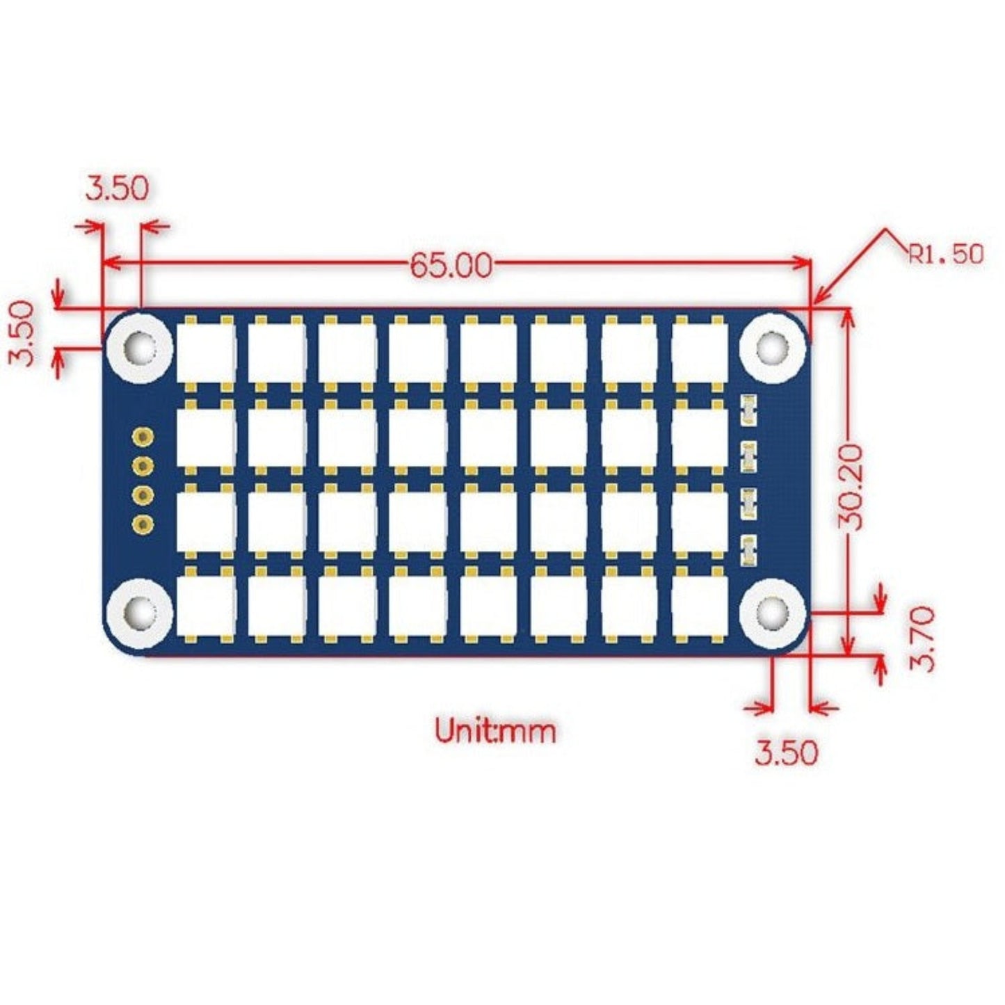 Raspberry Pi RGB LED Extension Board dimensions showing 4x8 WS2812B LED layout with measurement annotations in millimeters.