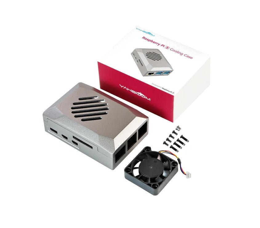 Silver ABS case for Raspberry Pi 5 with PWM cooling fan and removable cover, featuring a stylish design.