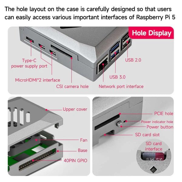 Close-up of the Yahboom Raspberry Pi 5 case showing hole layout for easy access to interfaces and ports.