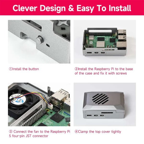 Step-by-step installation guide for Yahboom Raspberry Pi 5 case with PWM cooling fan.