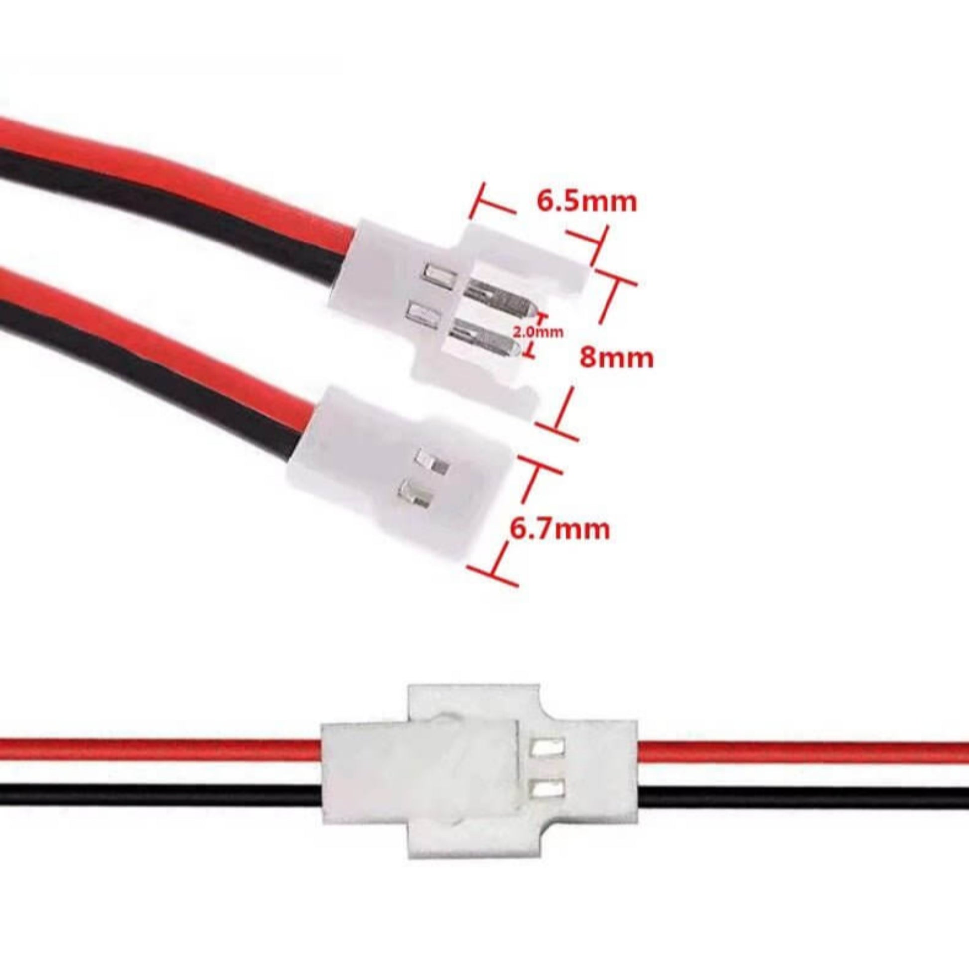 Close-up of JST connectors with dimensions labeled for RC model wiring in red and black.